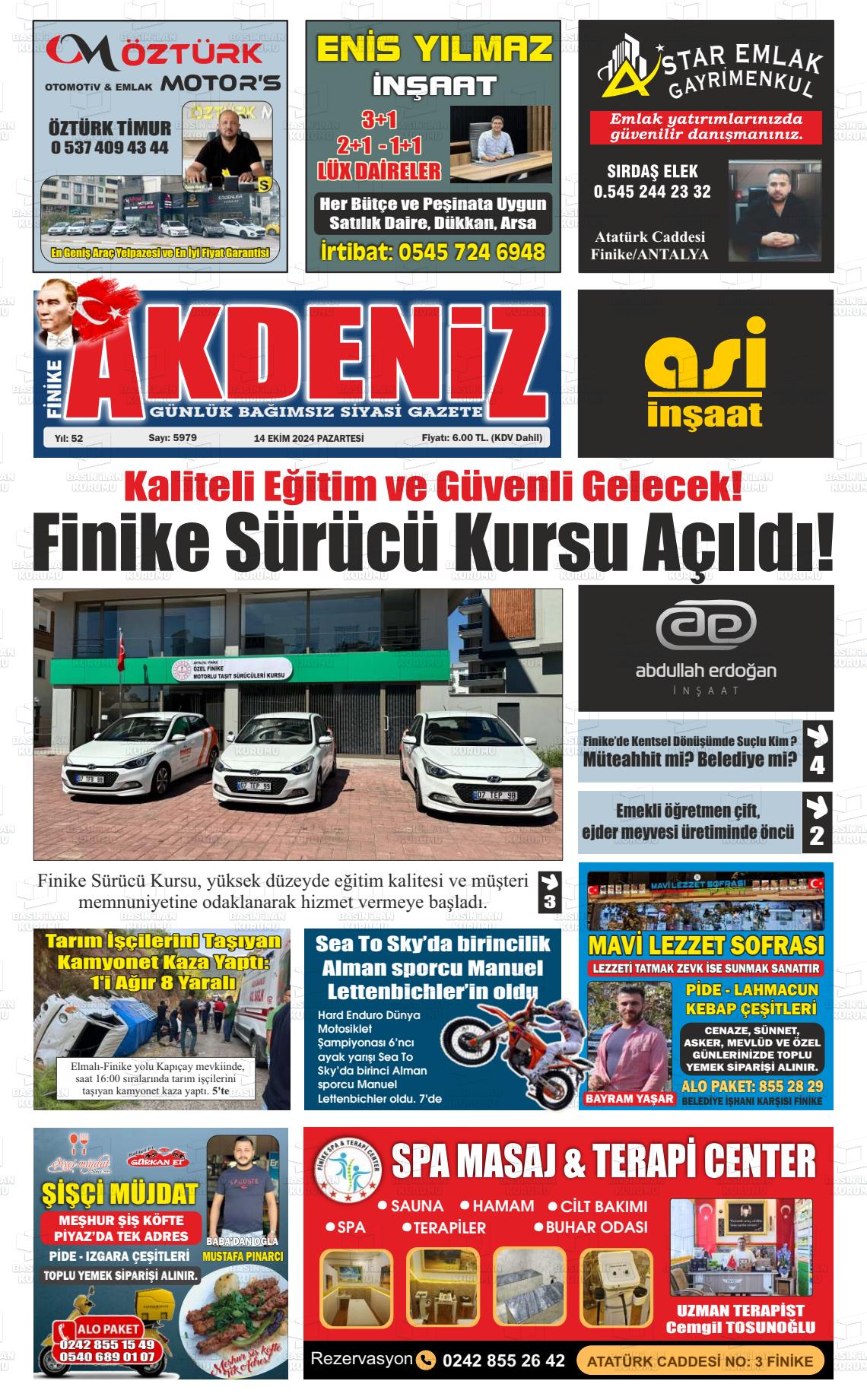 14 Ekim 2024 Finike Akdeniz Gazete Manşeti