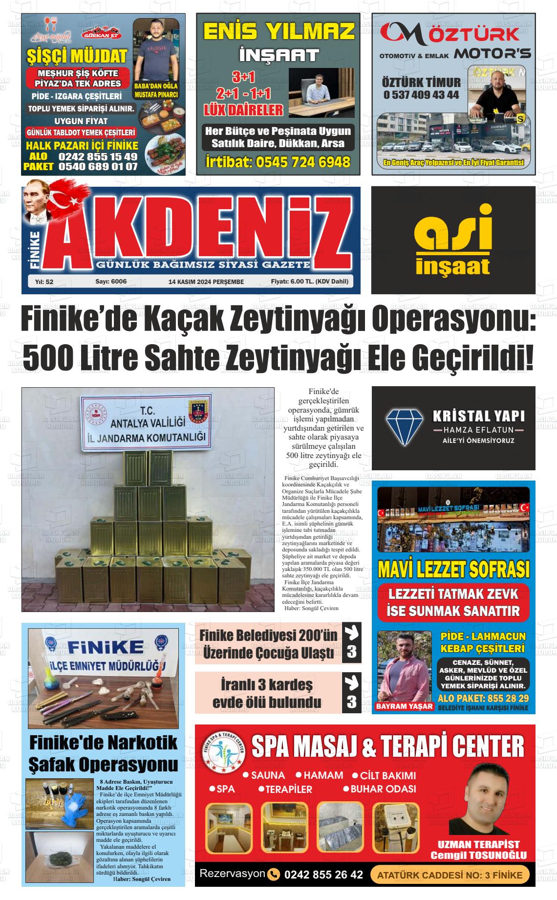 14 Kasım 2024 Finike Akdeniz Gazete Manşeti