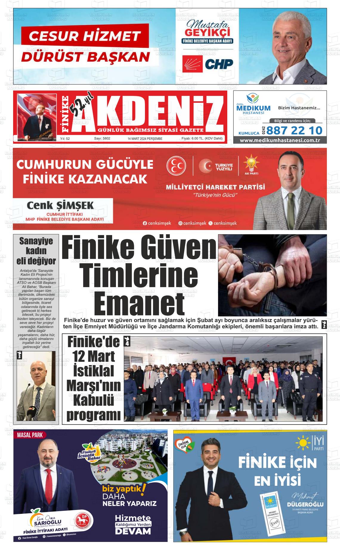 14 Mart 2024 Finike Akdeniz Gazete Manşeti