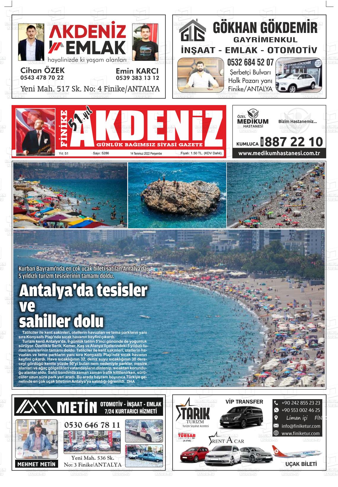 14 Temmuz 2022 Finike Akdeniz Gazete Manşeti