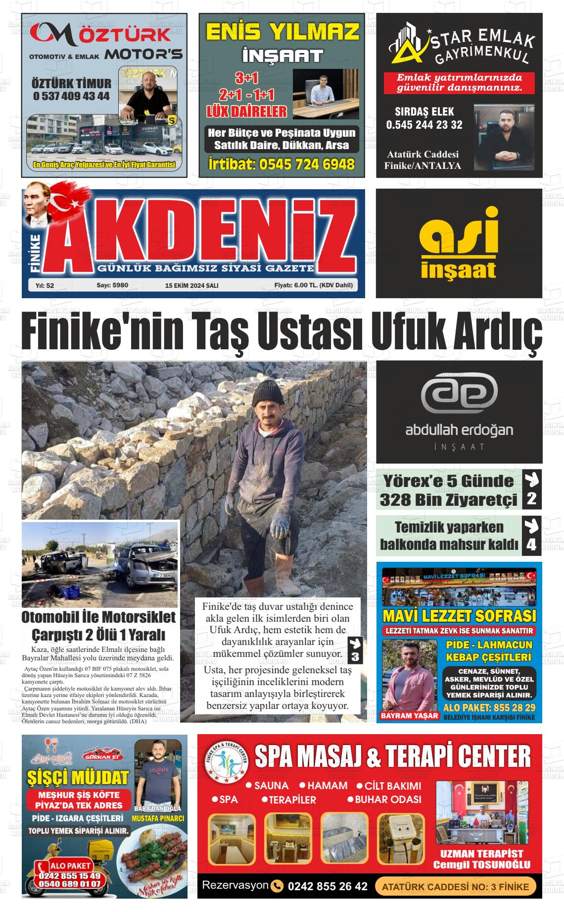 15 Ekim 2024 Finike Akdeniz Gazete Manşeti