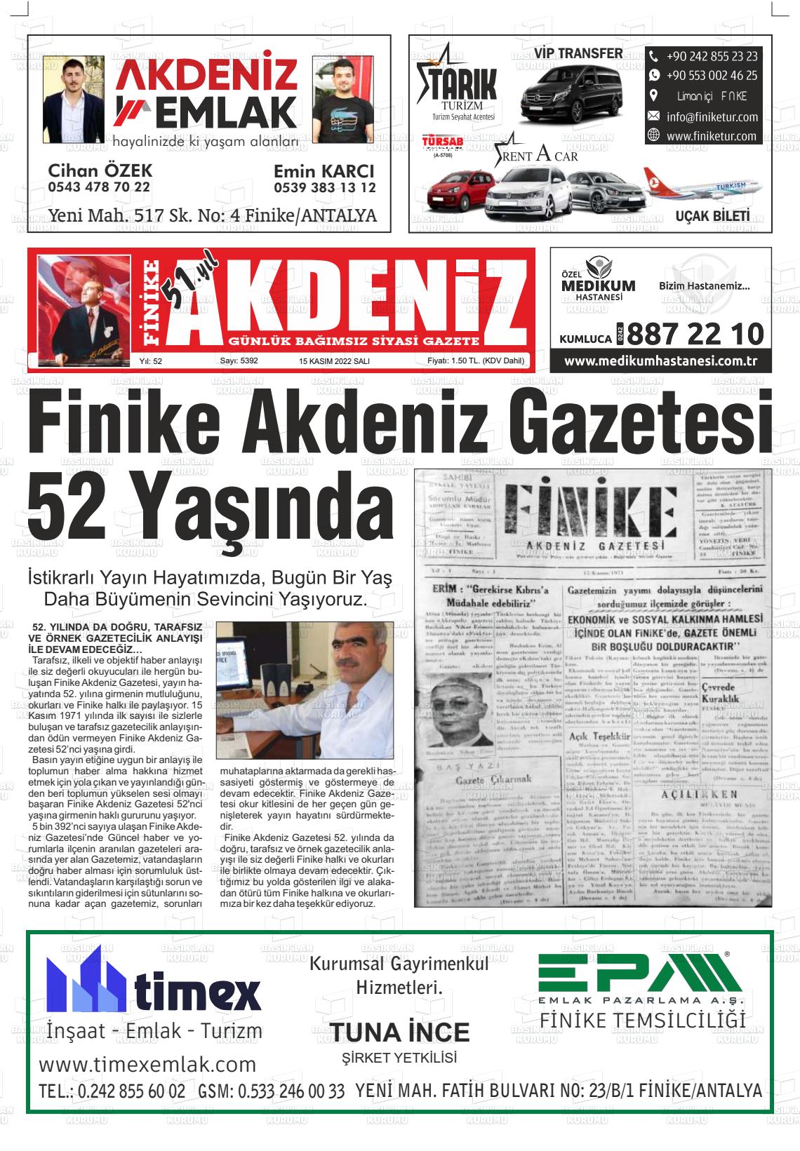 15 Kasım 2022 Finike Akdeniz Gazete Manşeti