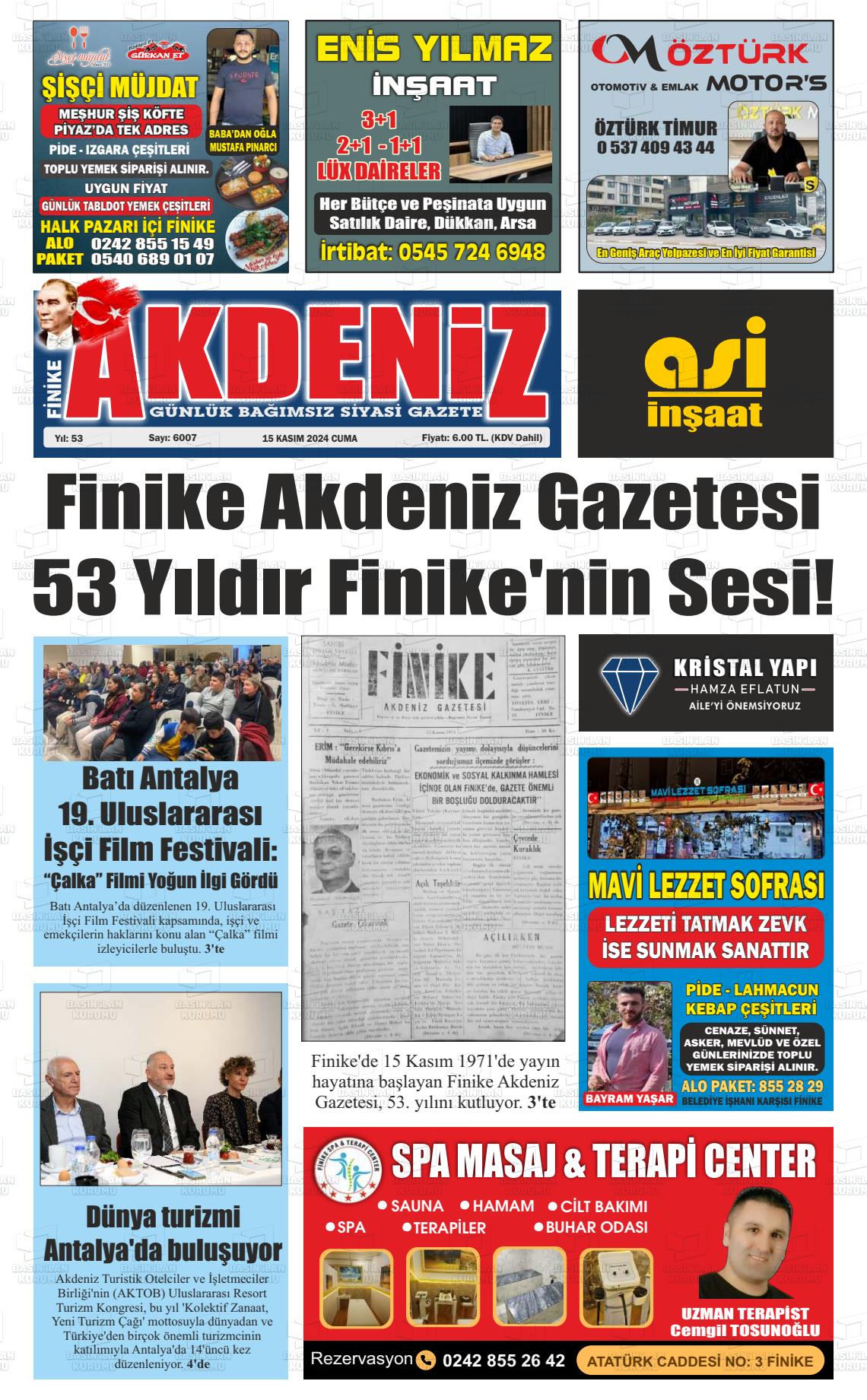 15 Kasım 2024 Finike Akdeniz Gazete Manşeti