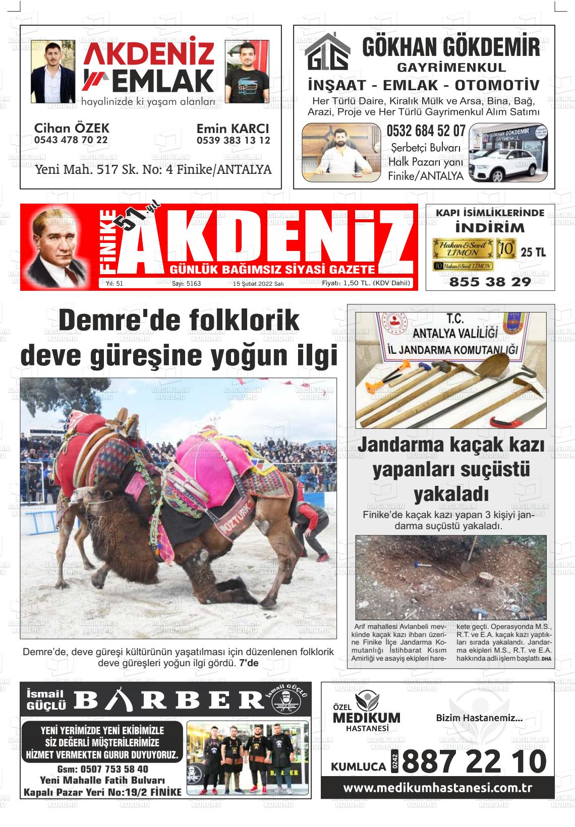 15 Şubat 2022 Finike Akdeniz Gazete Manşeti