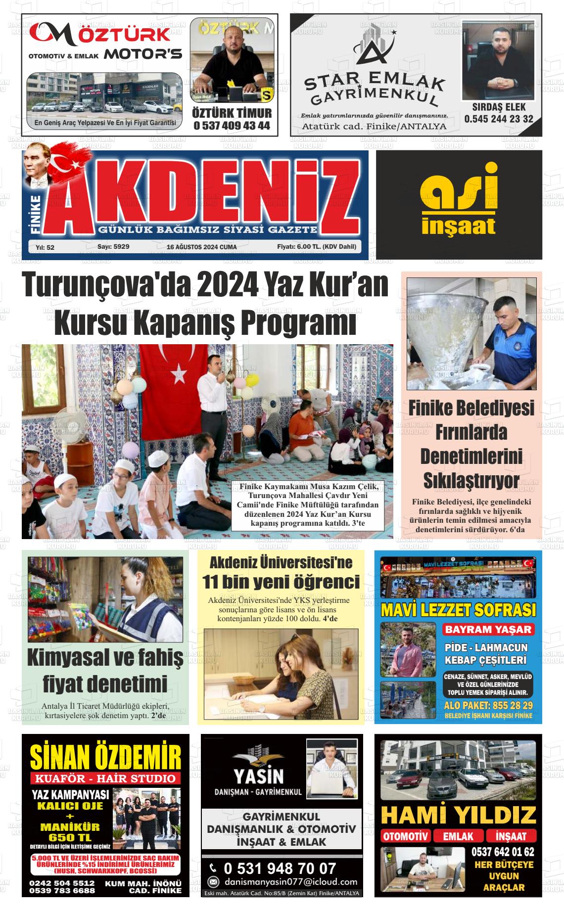 16 Ağustos 2024 Finike Akdeniz Gazete Manşeti