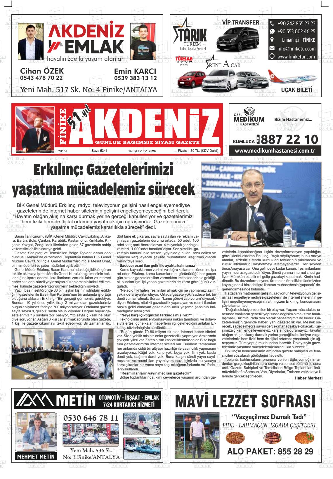 16 Eylül 2022 Finike Akdeniz Gazete Manşeti