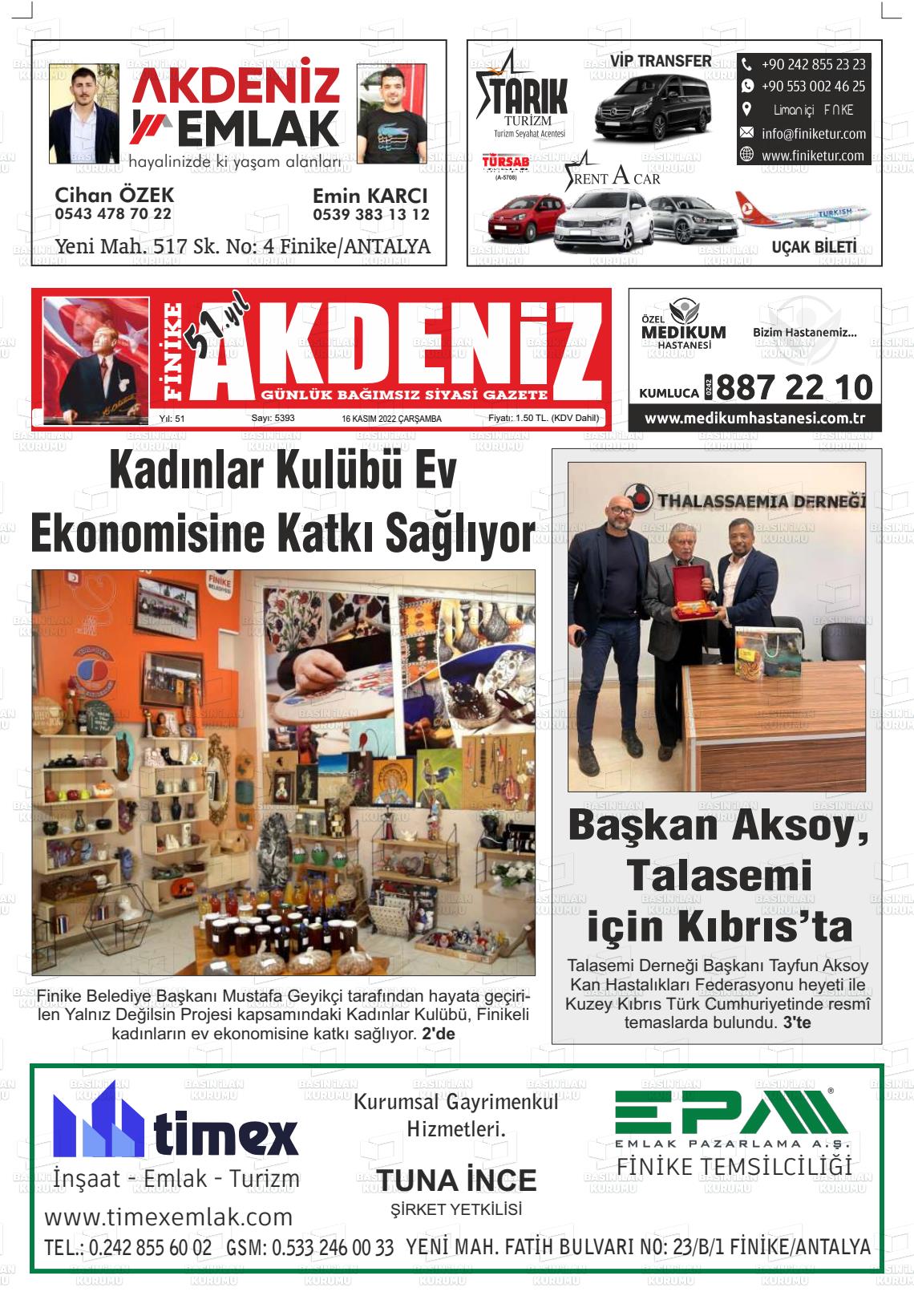 16 Kasım 2022 Finike Akdeniz Gazete Manşeti