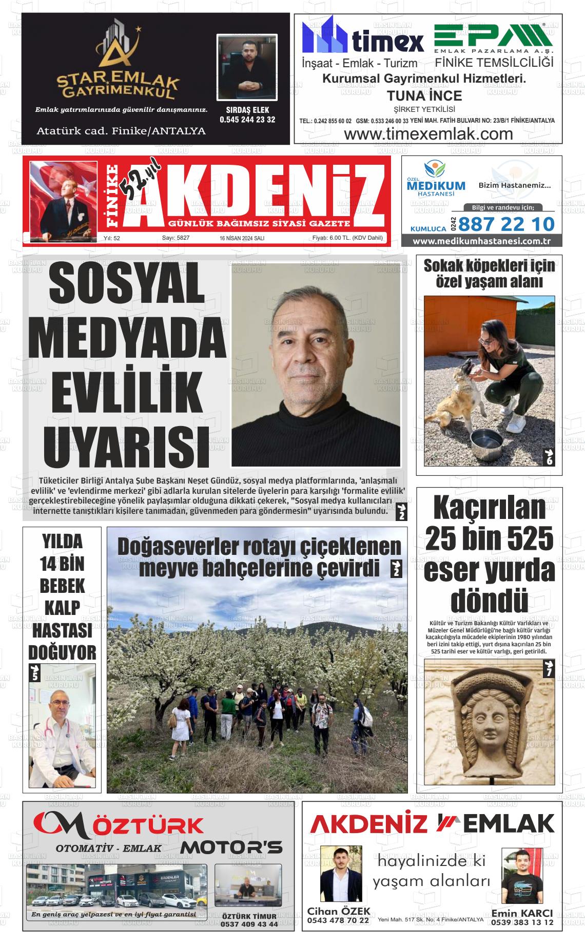 16 Nisan 2024 Finike Akdeniz Gazete Manşeti