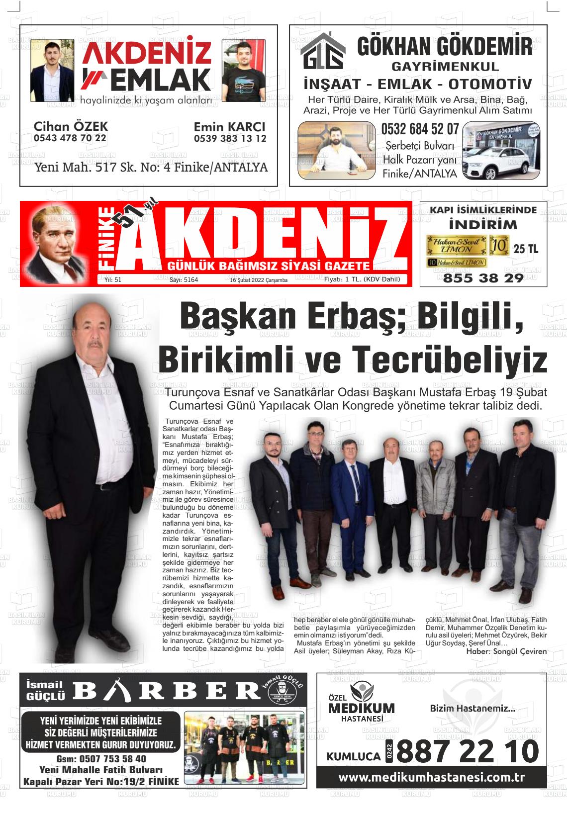 16 Şubat 2022 Finike Akdeniz Gazete Manşeti