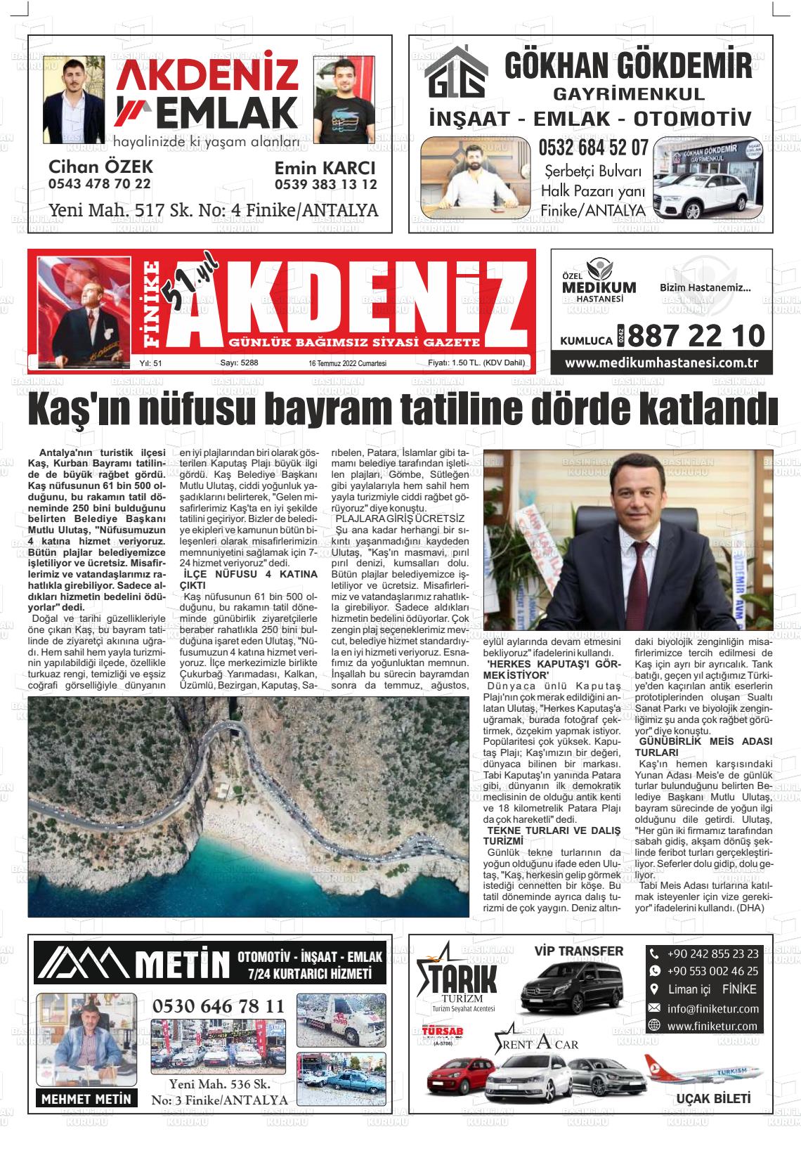 16 Temmuz 2022 Finike Akdeniz Gazete Manşeti