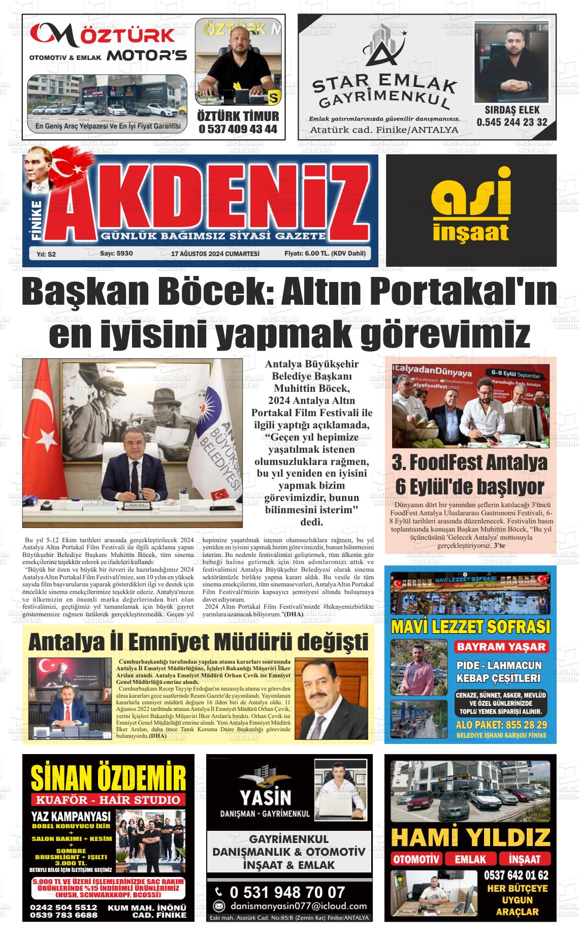 17 Ağustos 2024 Finike Akdeniz Gazete Manşeti