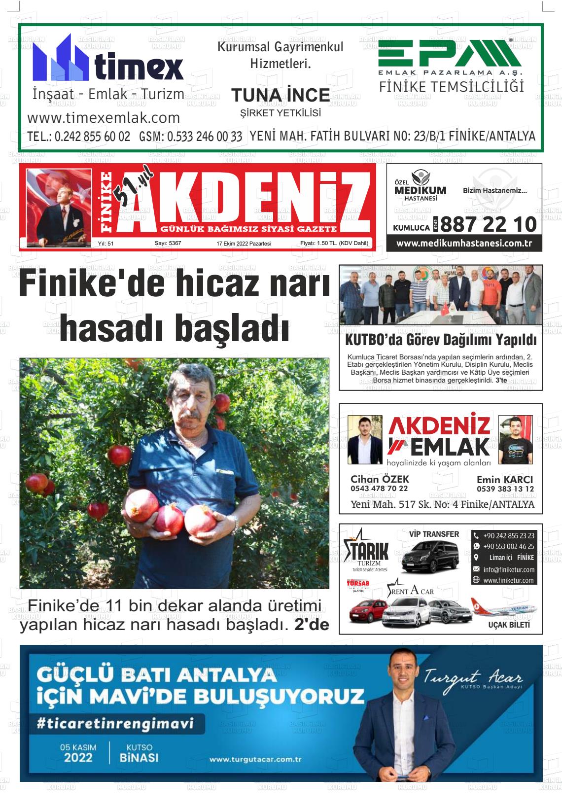 17 Ekim 2022 Finike Akdeniz Gazete Manşeti