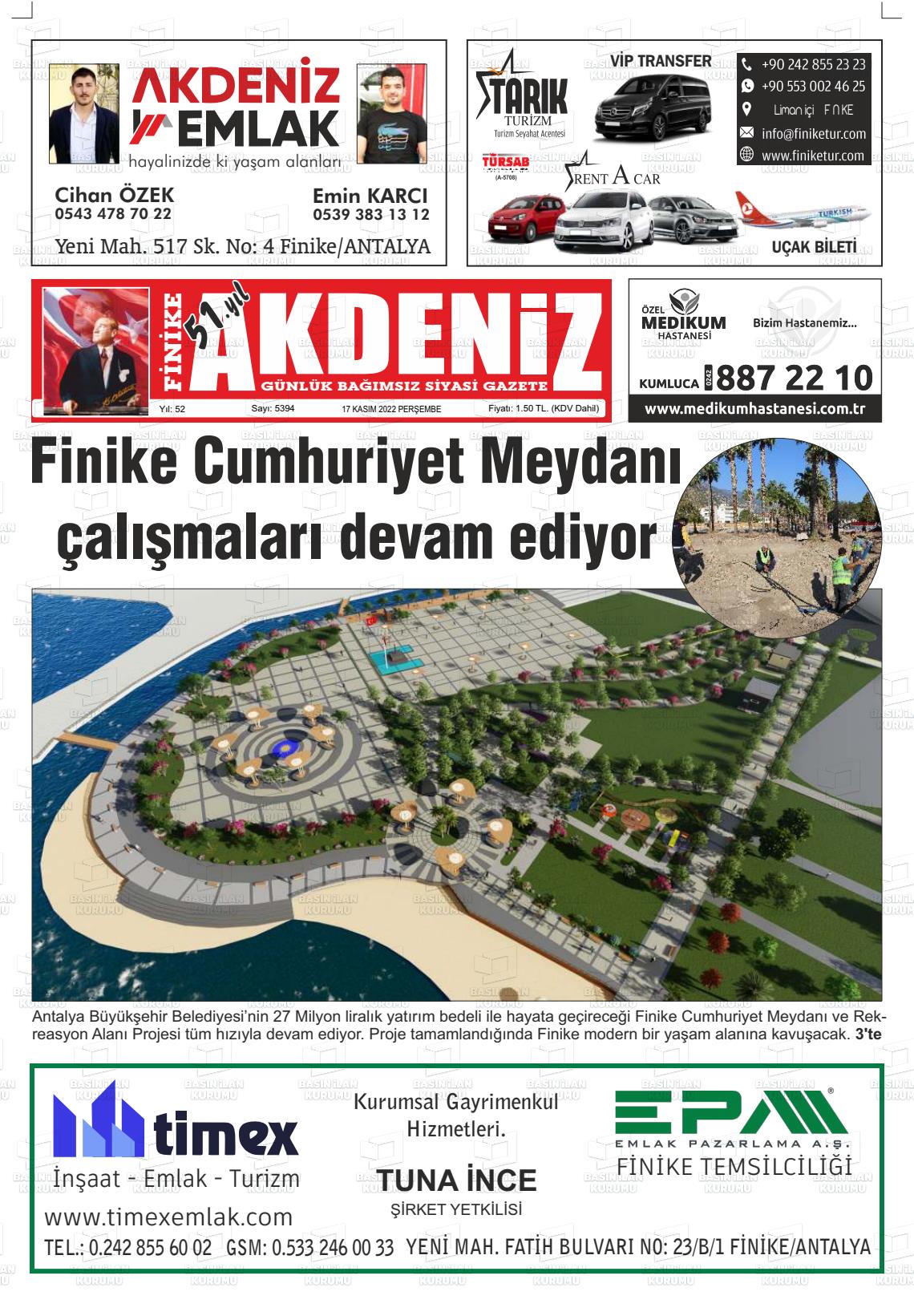 17 Kasım 2022 Finike Akdeniz Gazete Manşeti