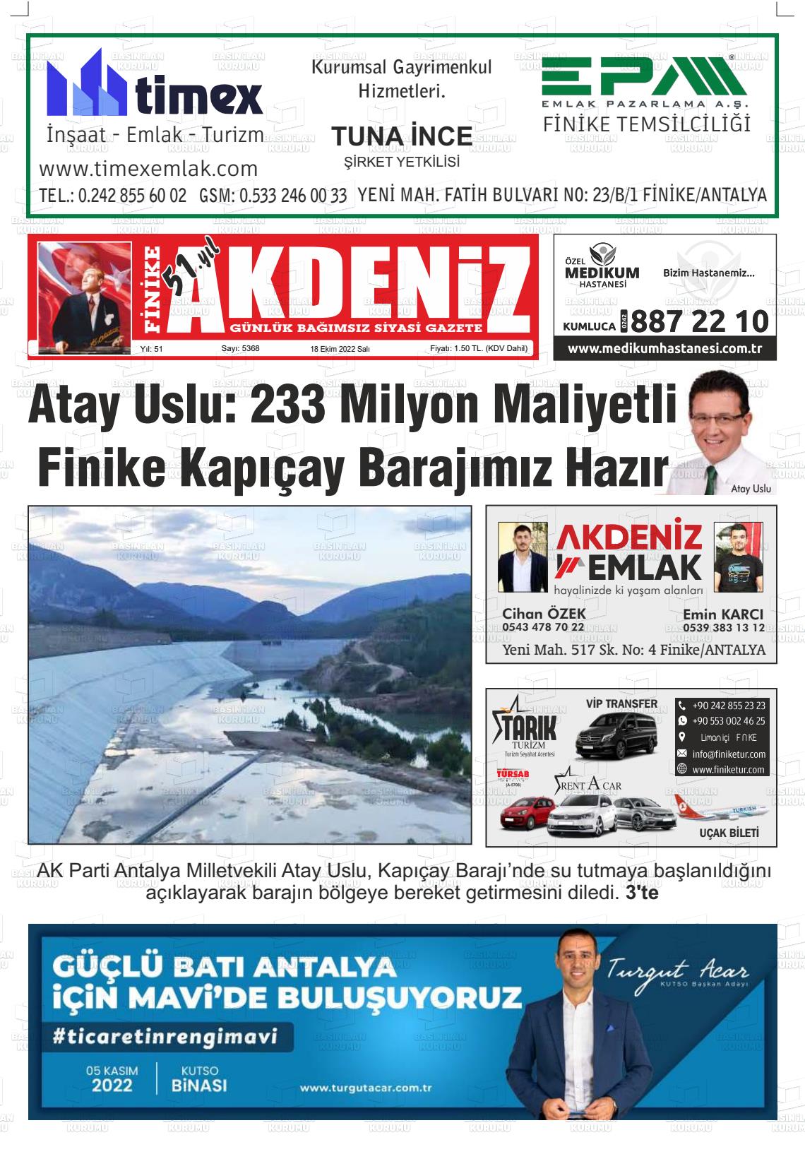 18 Ekim 2022 Finike Akdeniz Gazete Manşeti