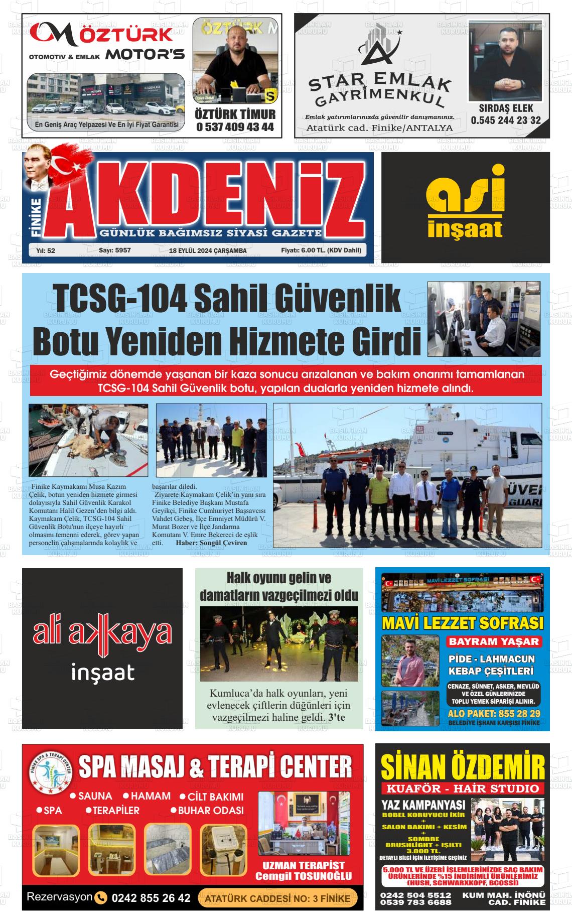 18 Eylül 2024 Finike Akdeniz Gazete Manşeti