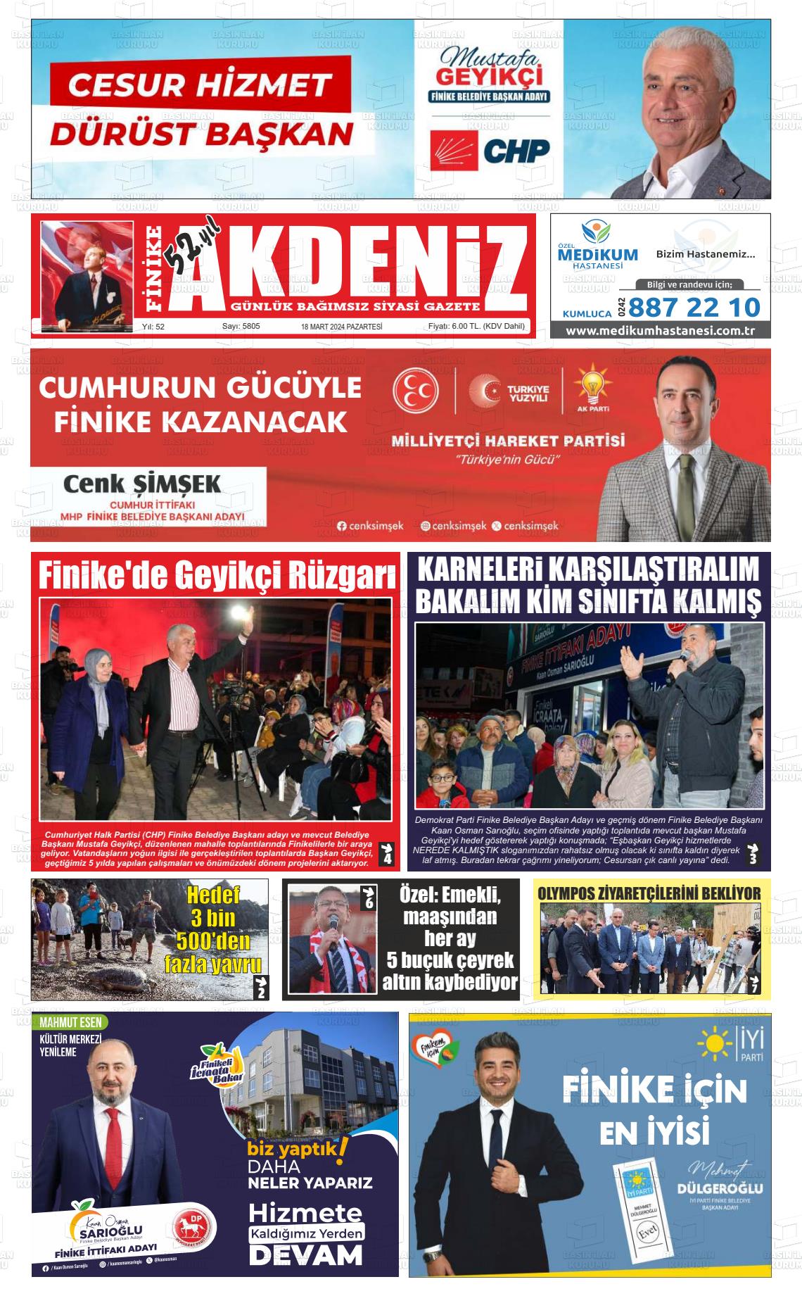 18 Mart 2024 Finike Akdeniz Gazete Manşeti