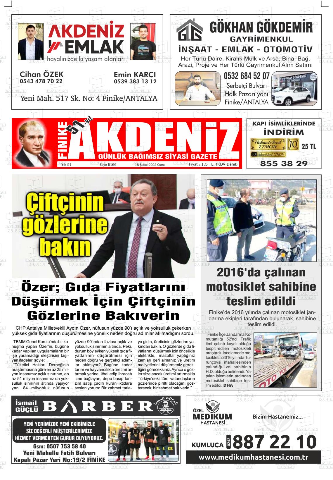 18 Şubat 2022 Finike Akdeniz Gazete Manşeti