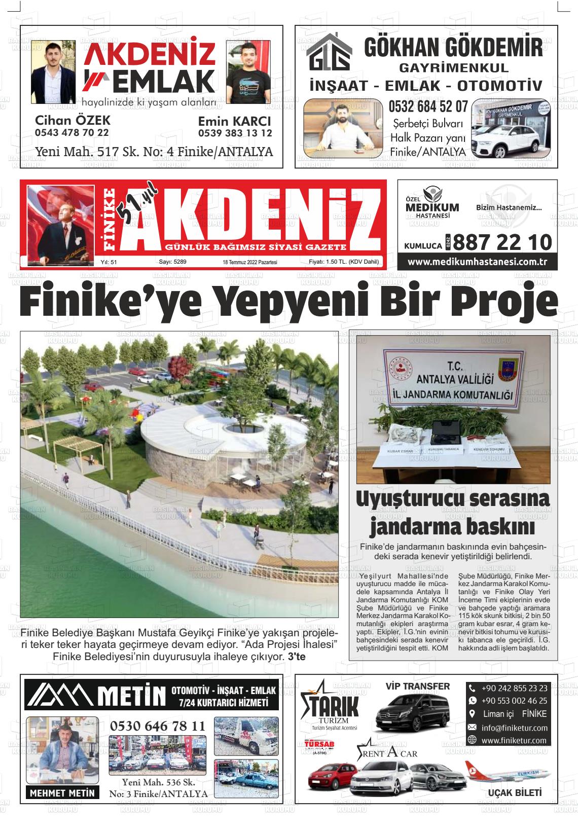 18 Temmuz 2022 Finike Akdeniz Gazete Manşeti