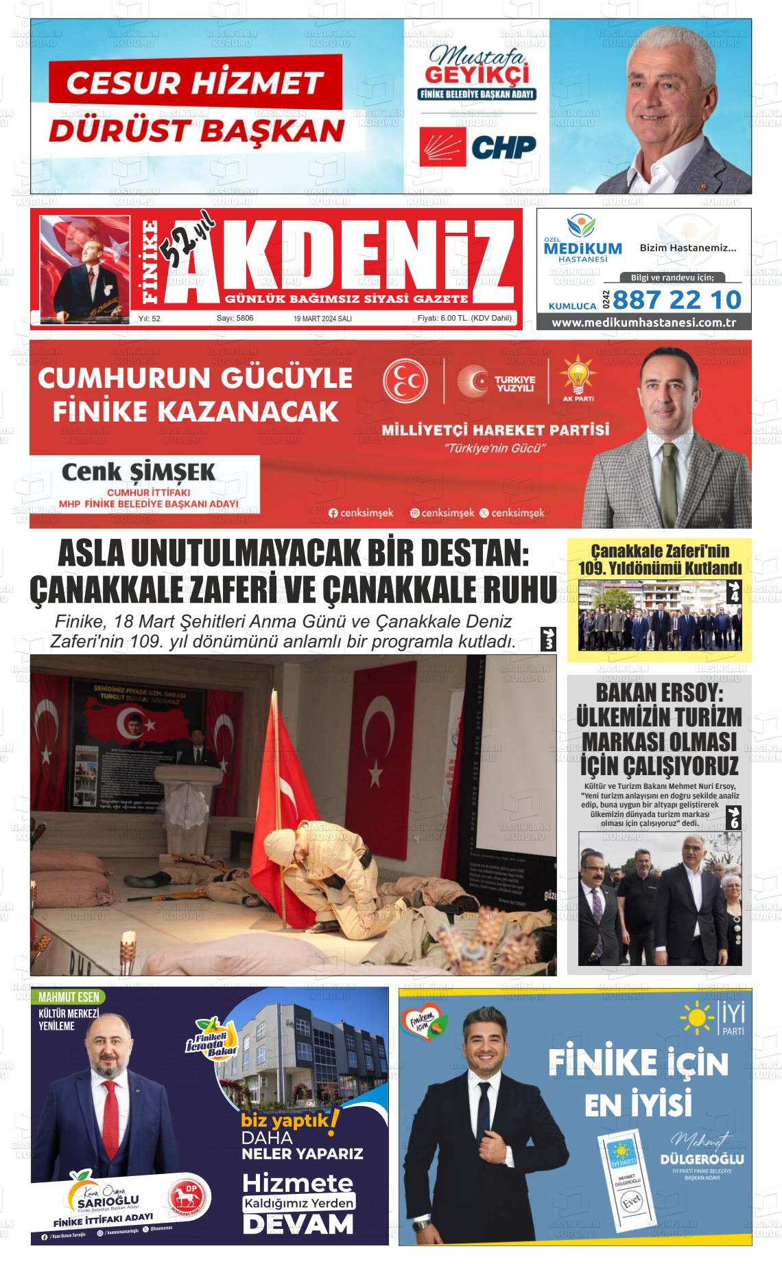 19 Mart 2024 Finike Akdeniz Gazete Manşeti