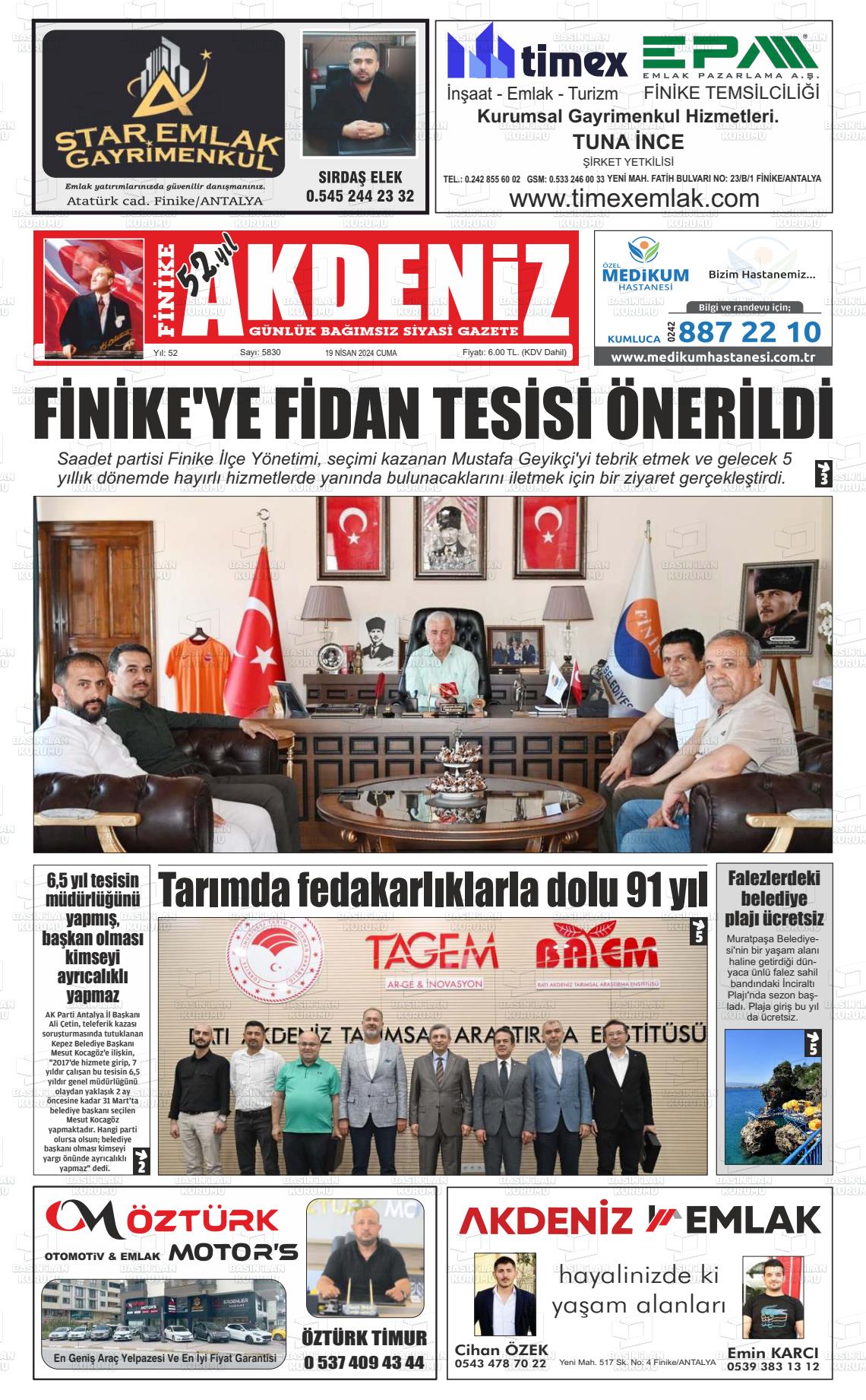 19 Nisan 2024 Finike Akdeniz Gazete Manşeti