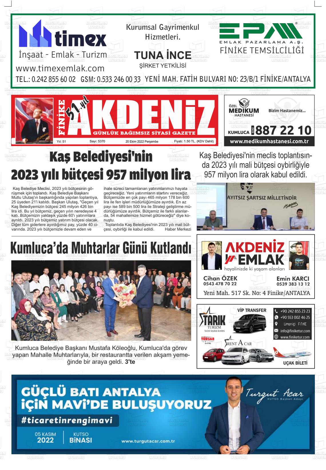 20 Ekim 2022 Finike Akdeniz Gazete Manşeti