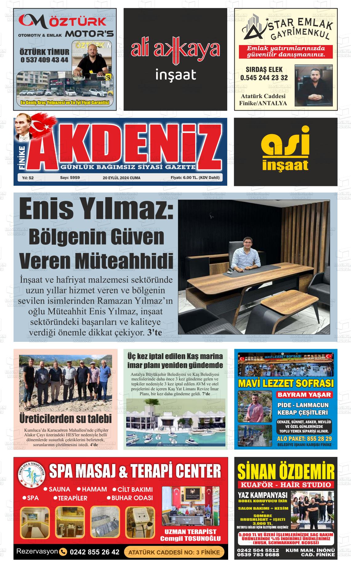 20 Eylül 2024 Finike Akdeniz Gazete Manşeti