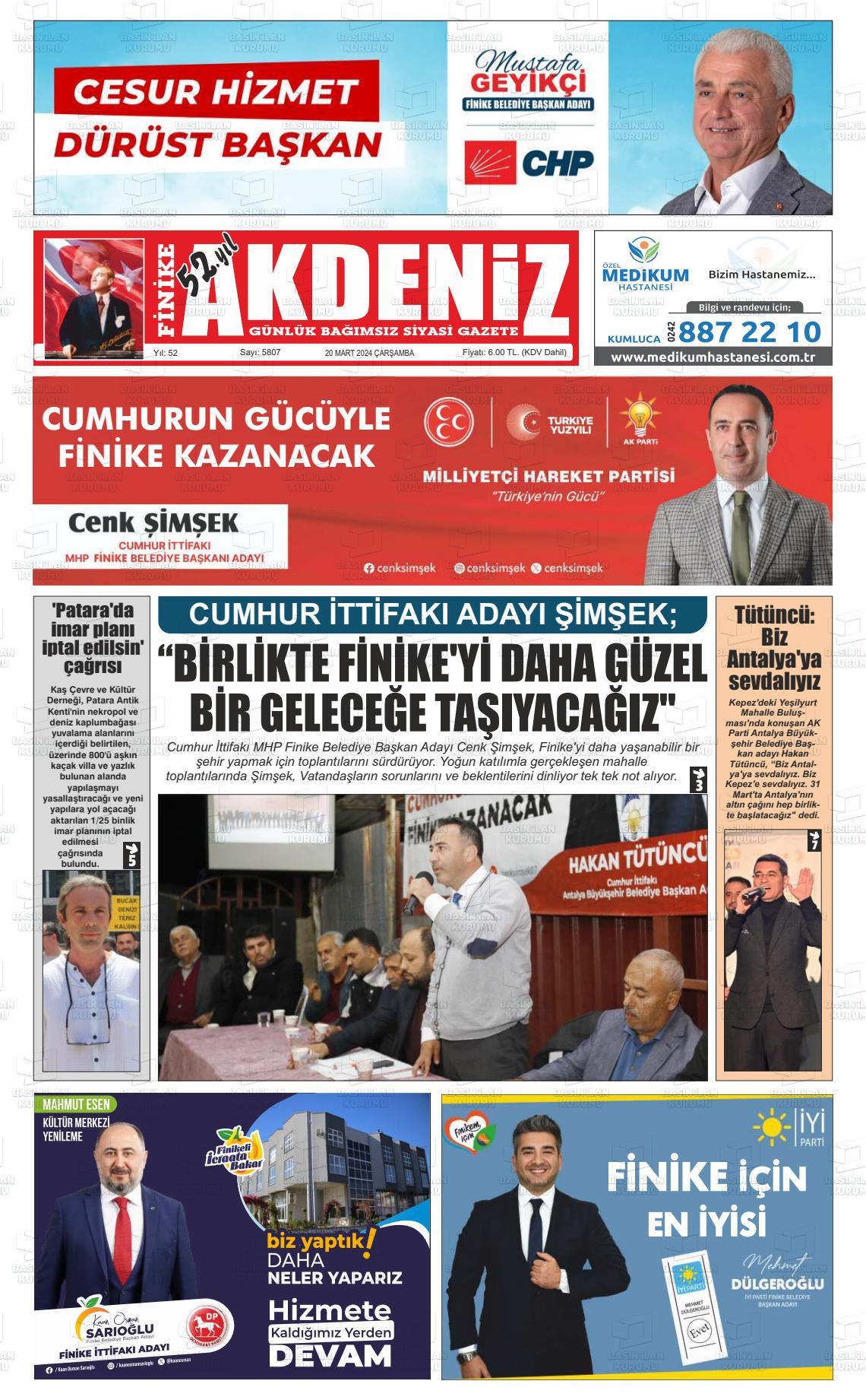 20 Mart 2024 Finike Akdeniz Gazete Manşeti