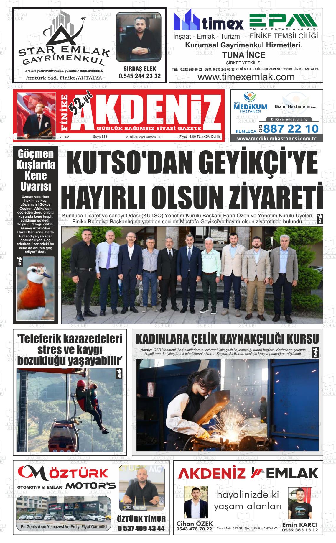 20 Nisan 2024 Finike Akdeniz Gazete Manşeti