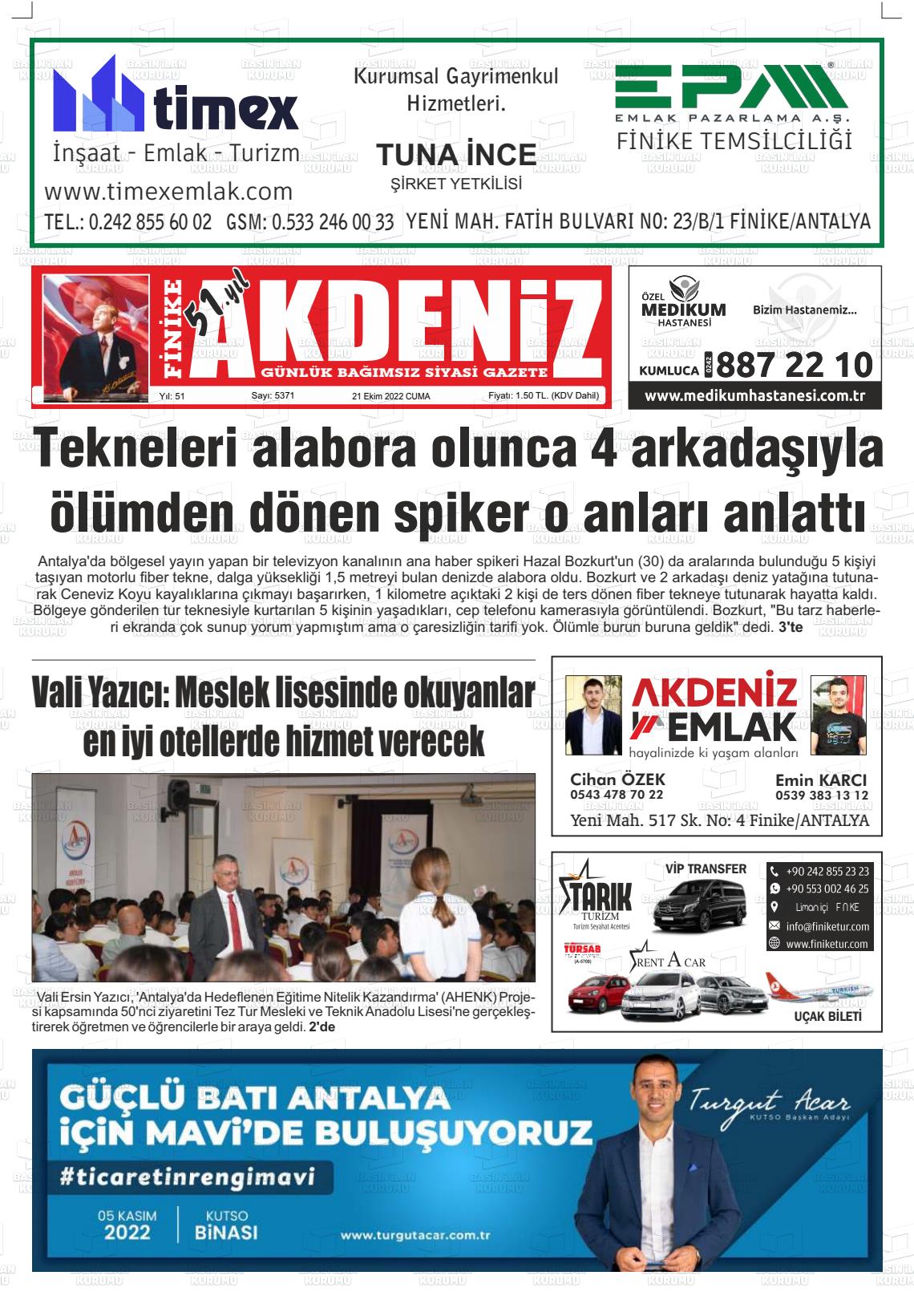 21 Ekim 2022 Finike Akdeniz Gazete Manşeti