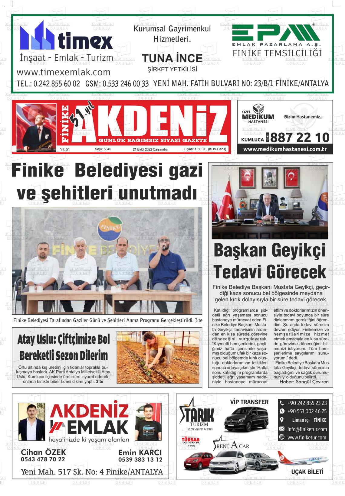 21 Eylül 2022 Finike Akdeniz Gazete Manşeti