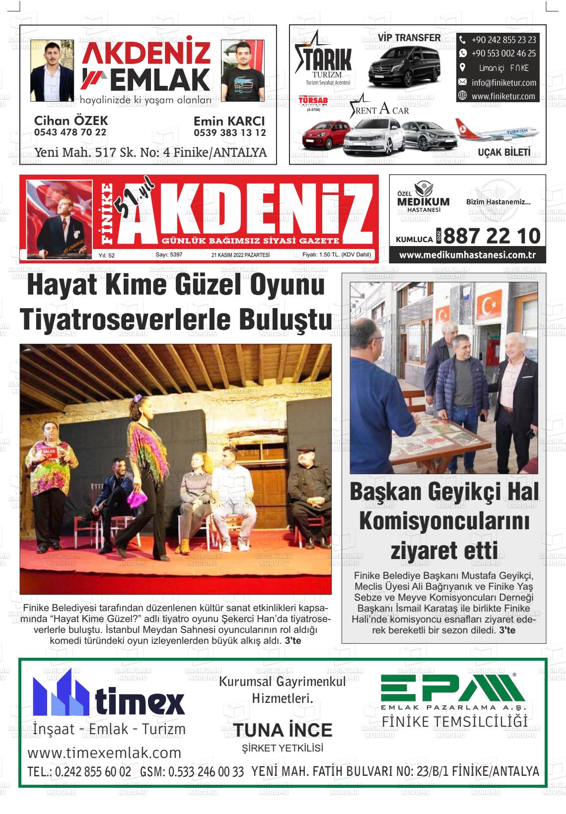 21 Kasım 2022 Finike Akdeniz Gazete Manşeti