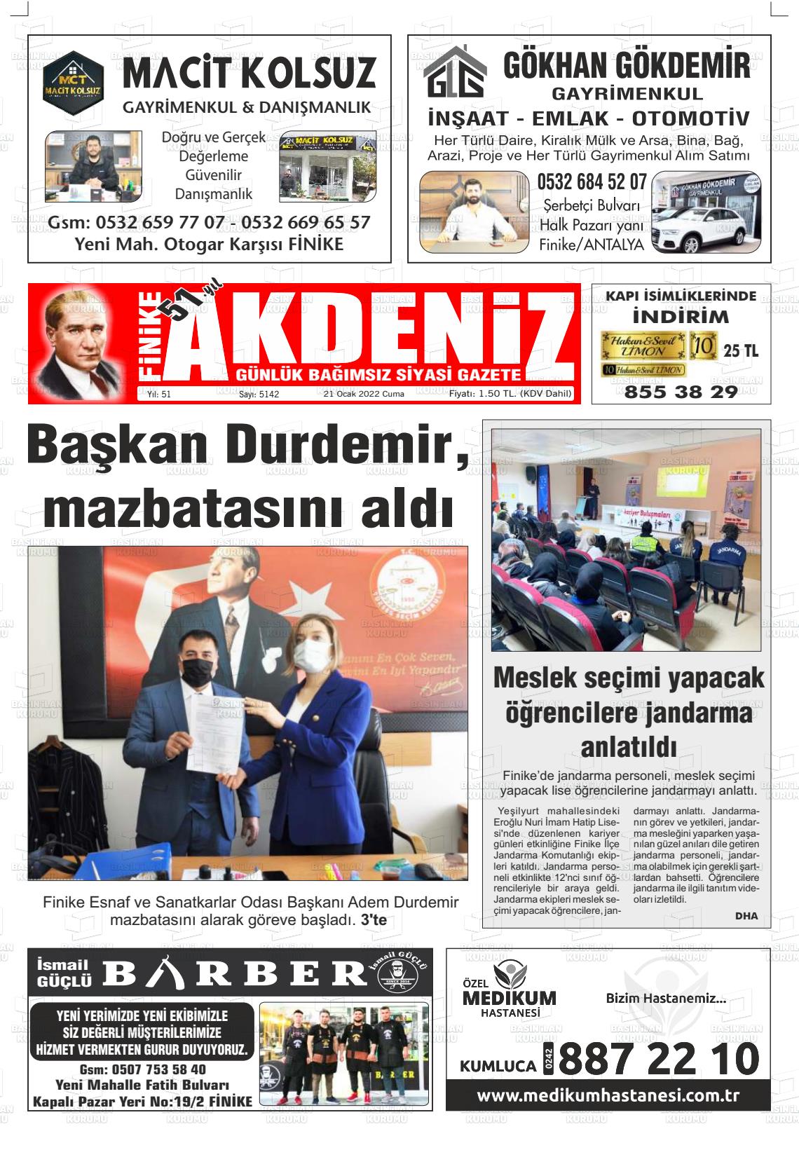 21 Ocak 2022 Finike Akdeniz Gazete Manşeti