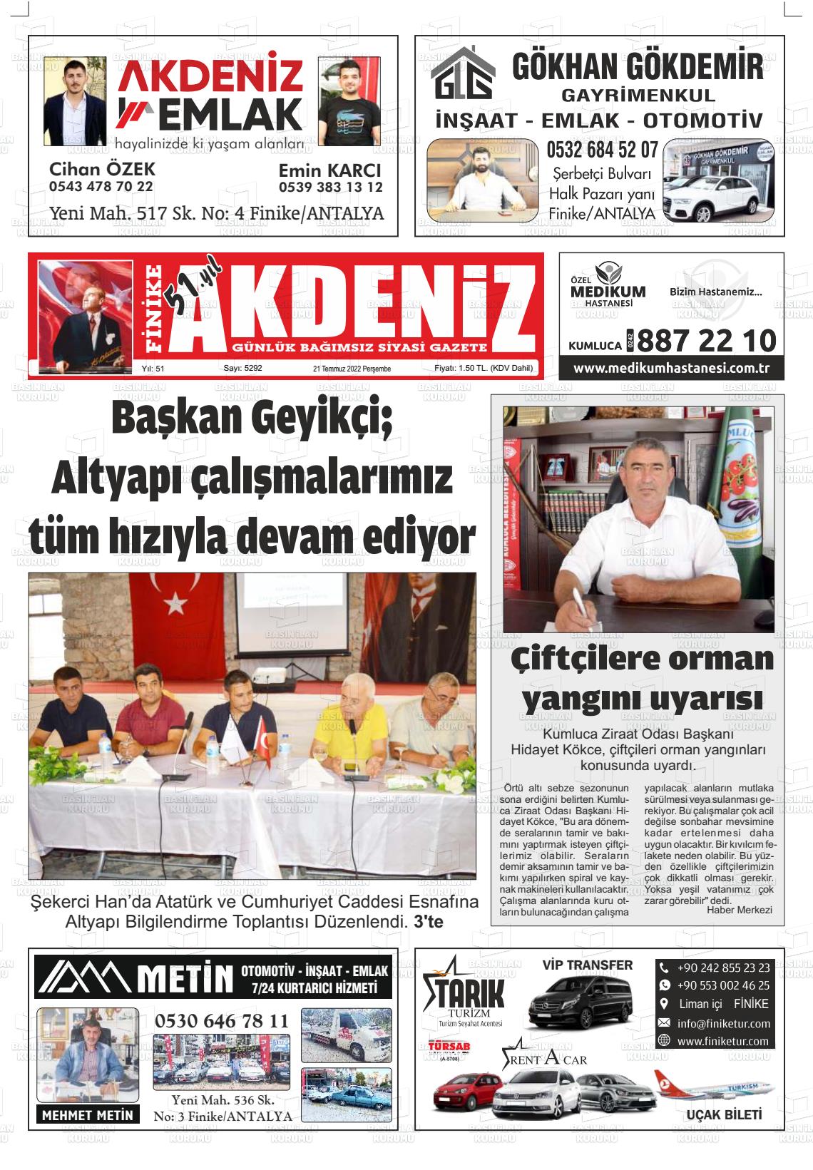 21 Temmuz 2022 Finike Akdeniz Gazete Manşeti