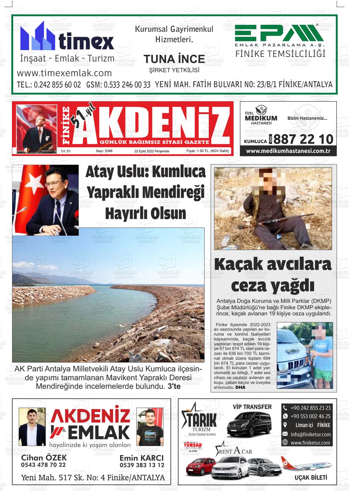 22 Eylül 2022 Finike Akdeniz Gazete Manşeti