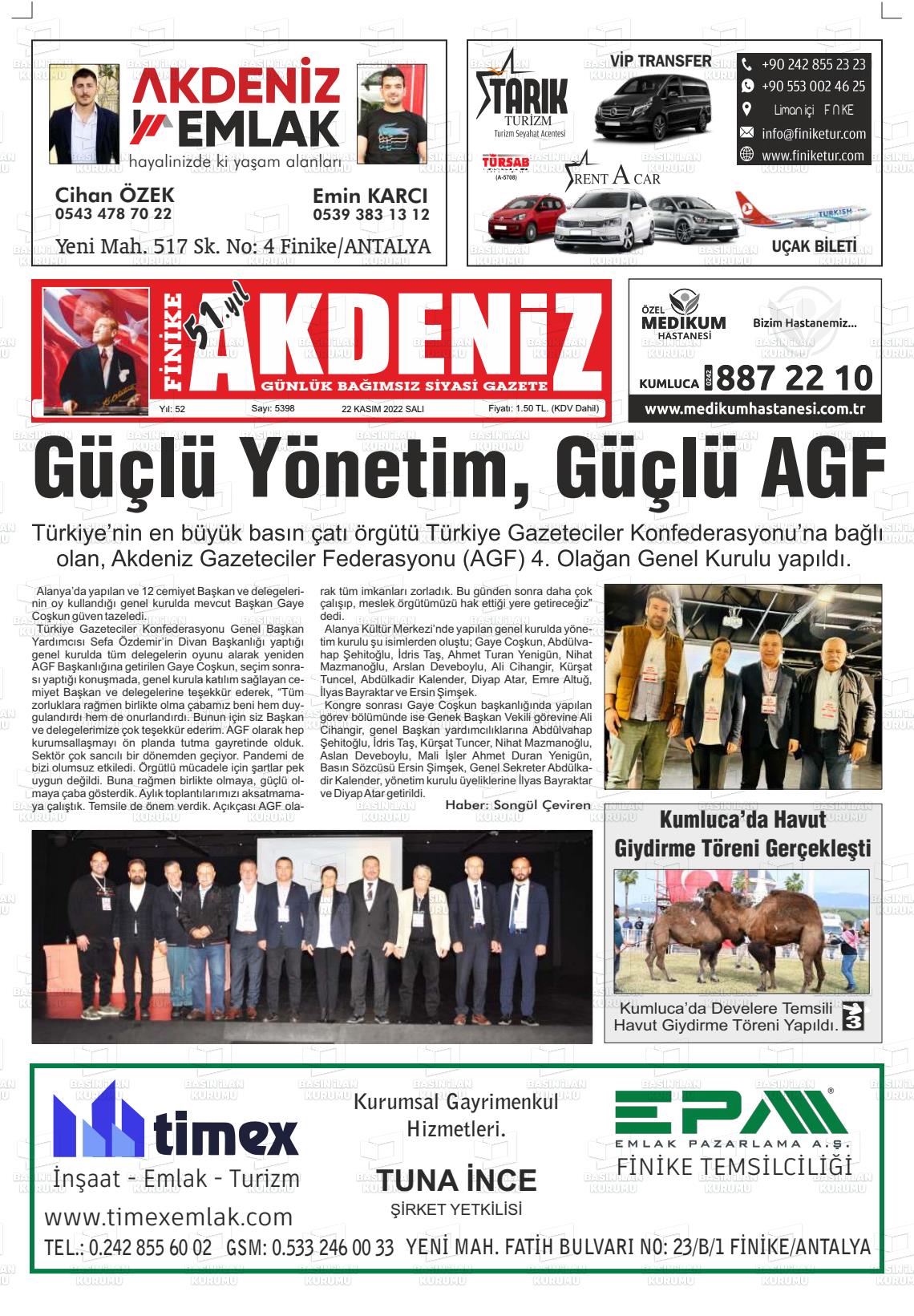 22 Kasım 2022 Finike Akdeniz Gazete Manşeti