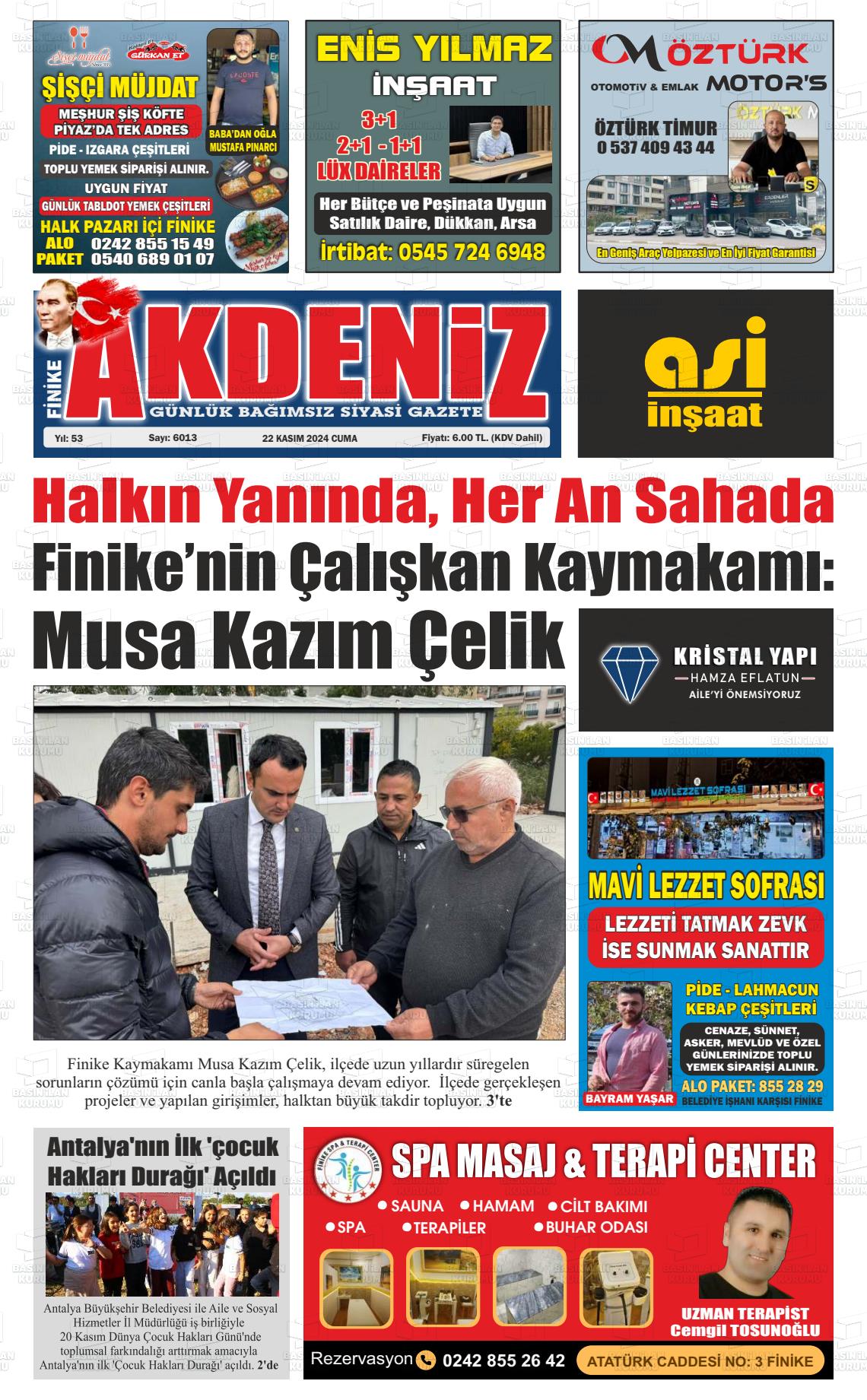 22 Kasım 2024 Finike Akdeniz Gazete Manşeti