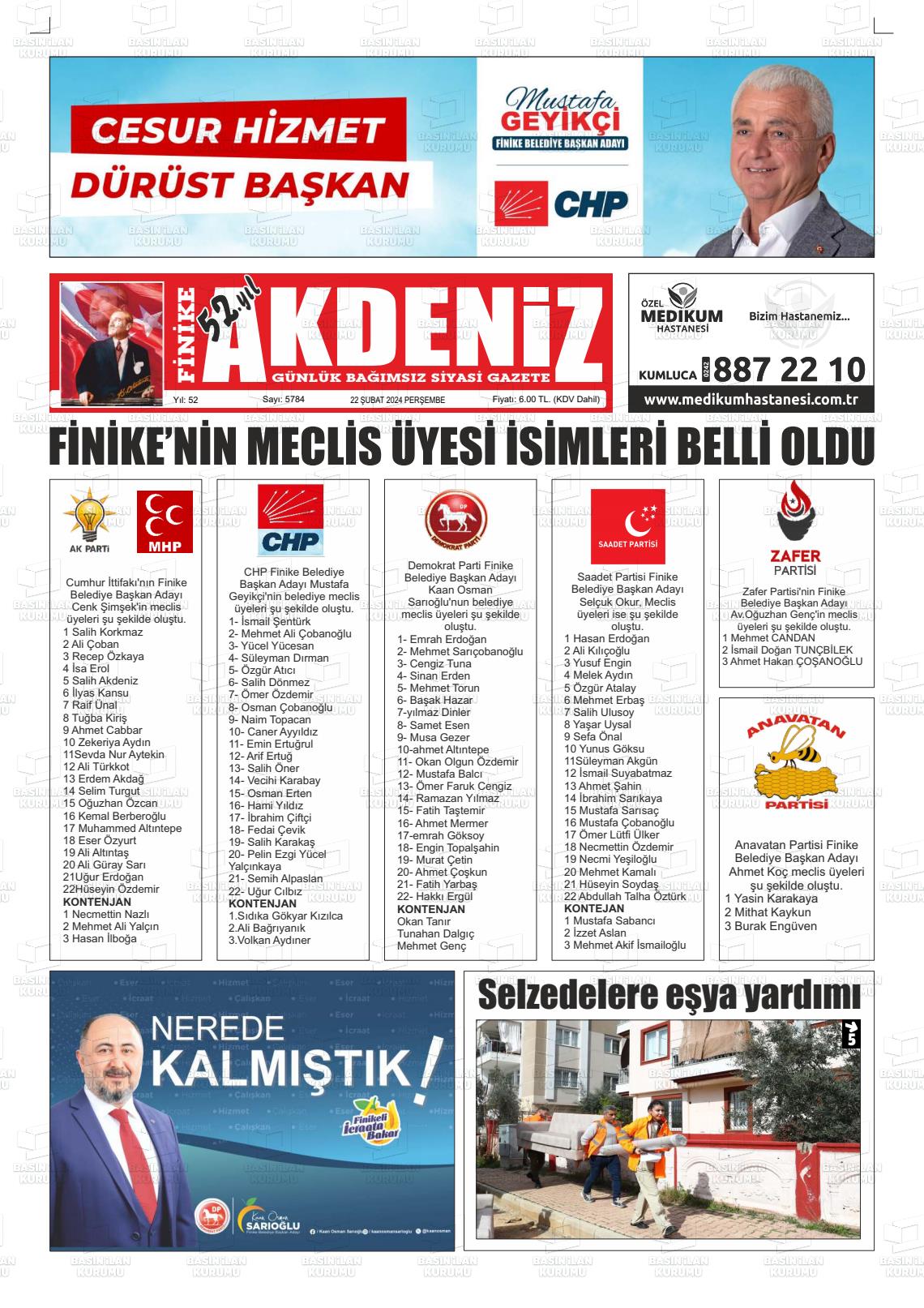 22 Şubat 2024 Finike Akdeniz Gazete Manşeti