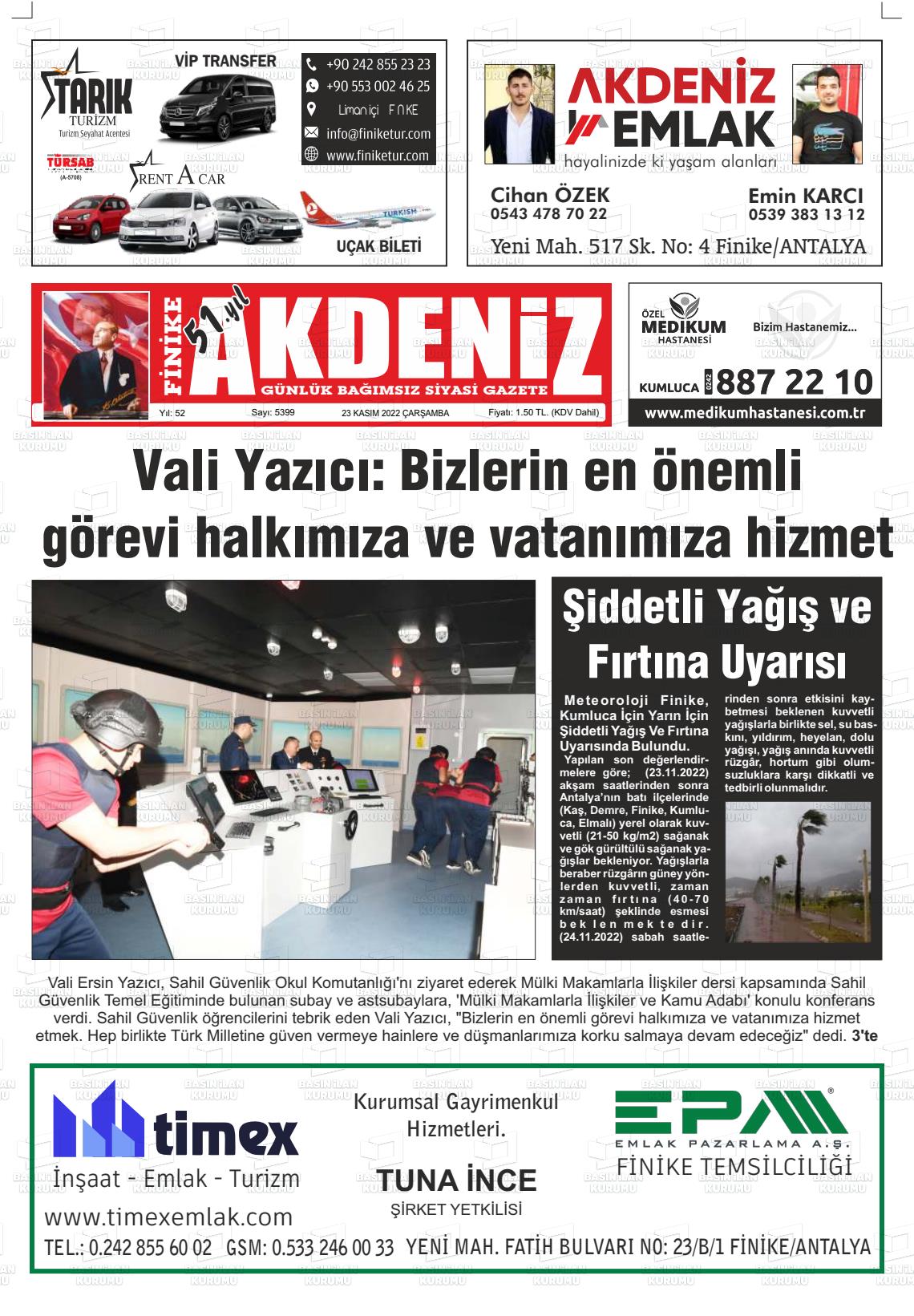 23 Kasım 2022 Finike Akdeniz Gazete Manşeti