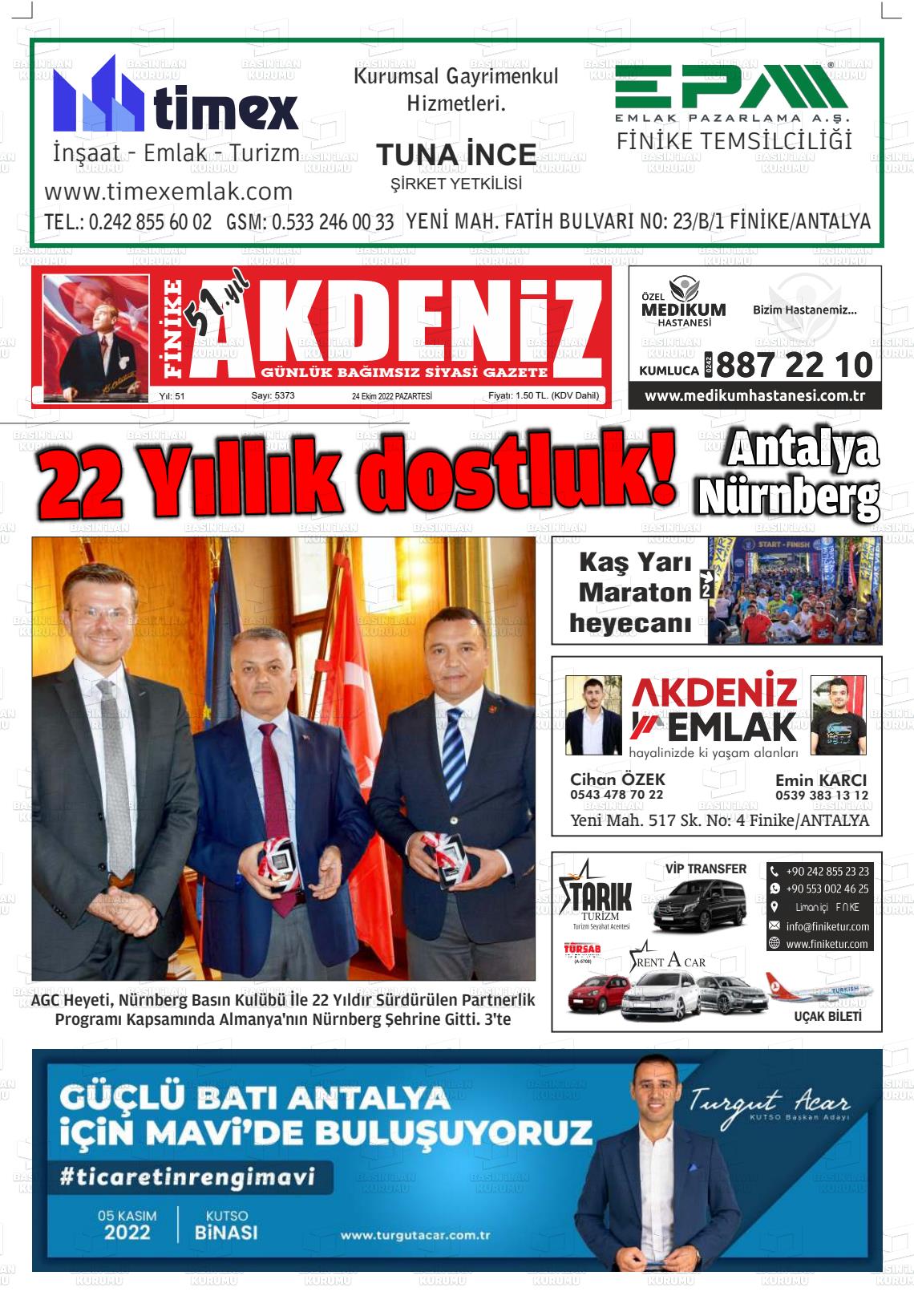 24 Ekim 2022 Finike Akdeniz Gazete Manşeti