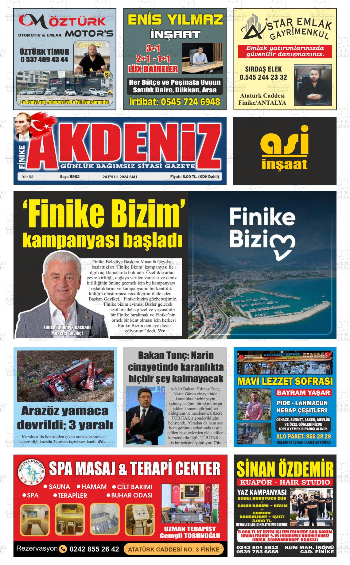 24 Eylül 2024 Finike Akdeniz Gazete Manşeti