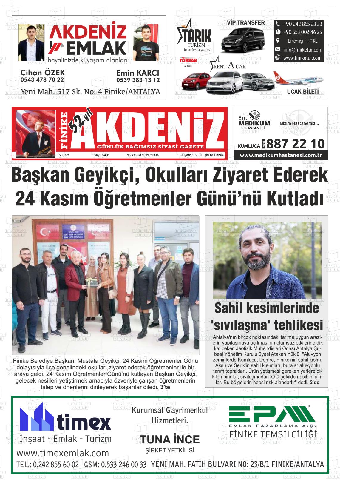 25 Kasım 2022 Finike Akdeniz Gazete Manşeti