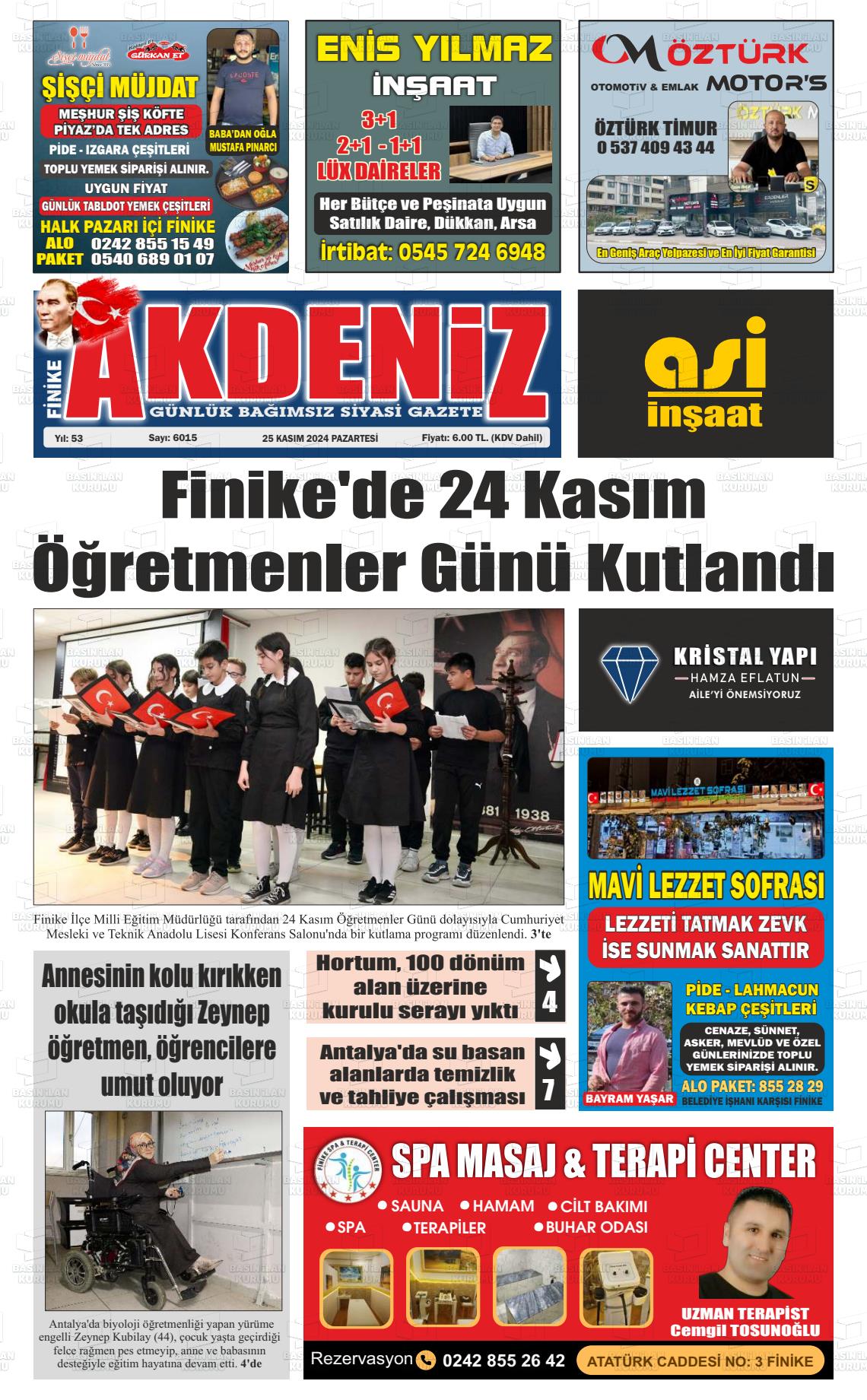 25 Kasım 2024 Finike Akdeniz Gazete Manşeti