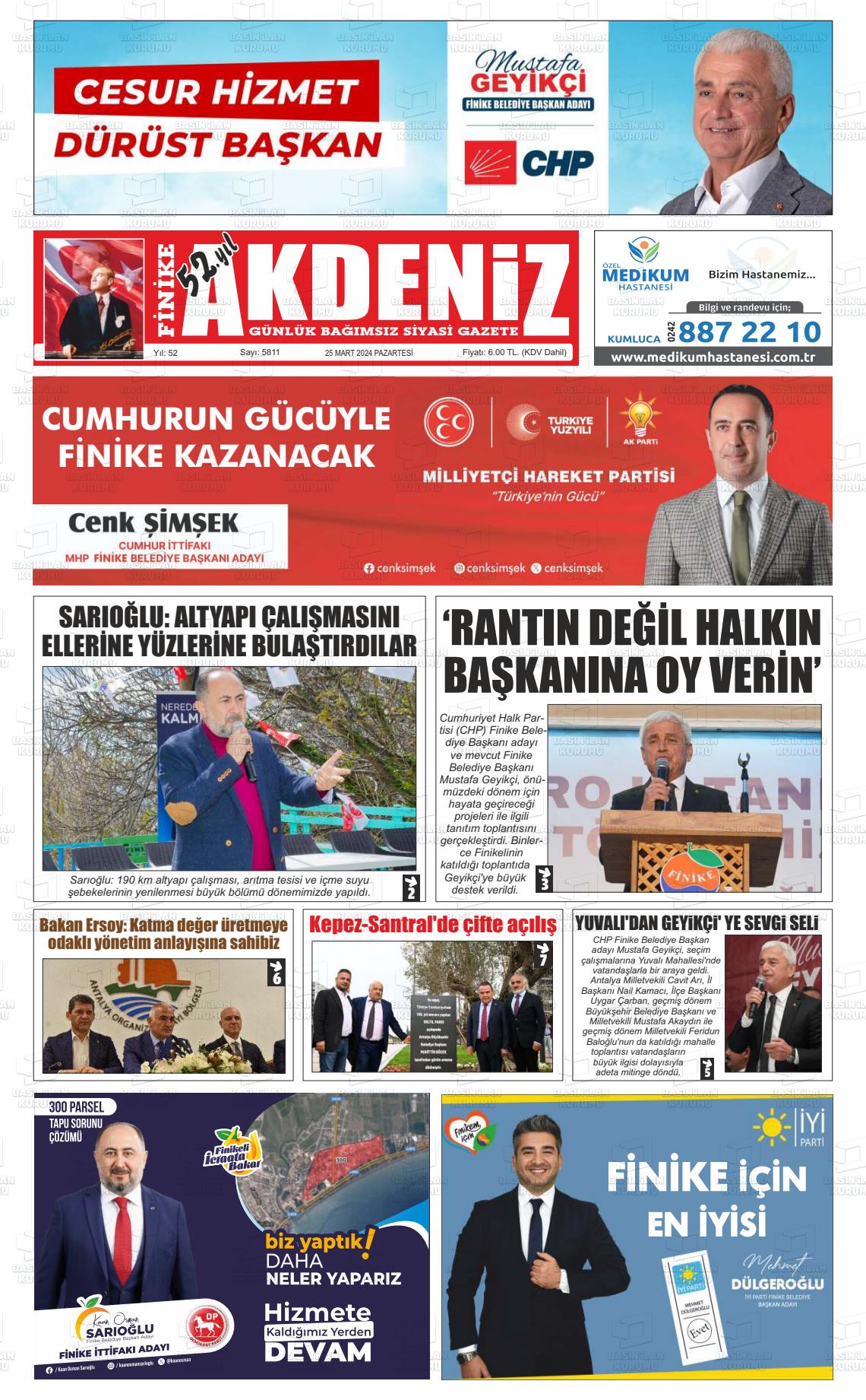 25 Mart 2024 Finike Akdeniz Gazete Manşeti