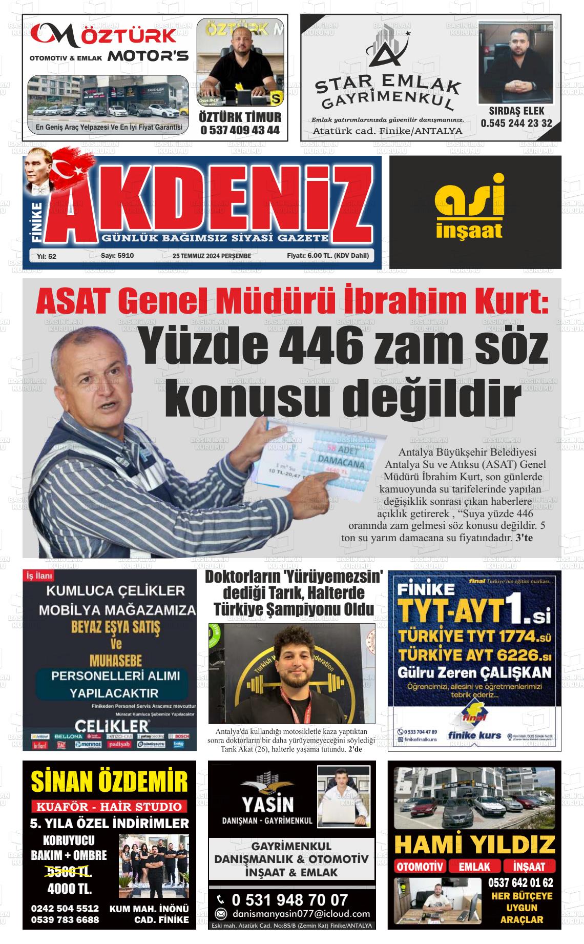 25 Temmuz 2024 Finike Akdeniz Gazete Manşeti