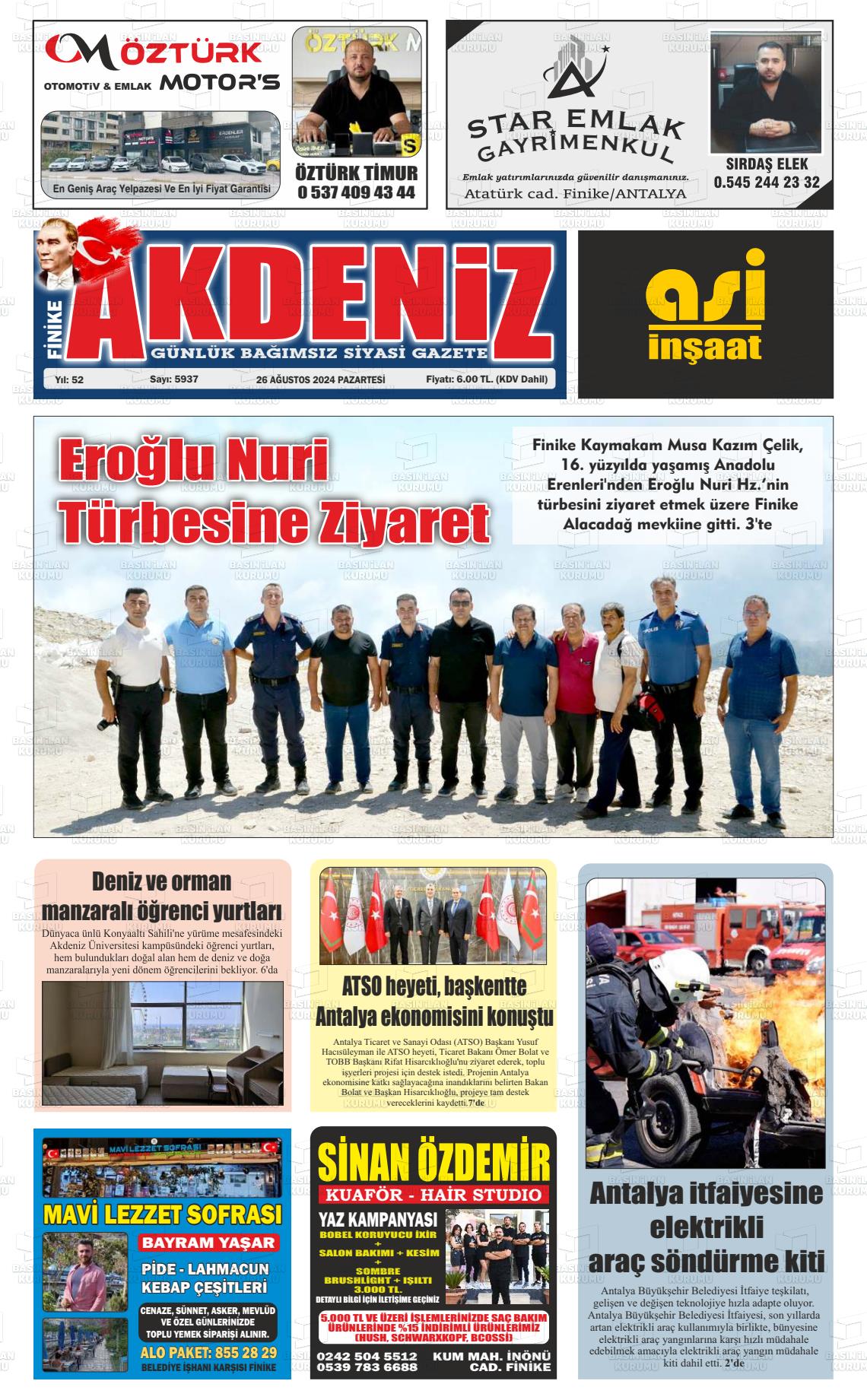 26 Ağustos 2024 Finike Akdeniz Gazete Manşeti