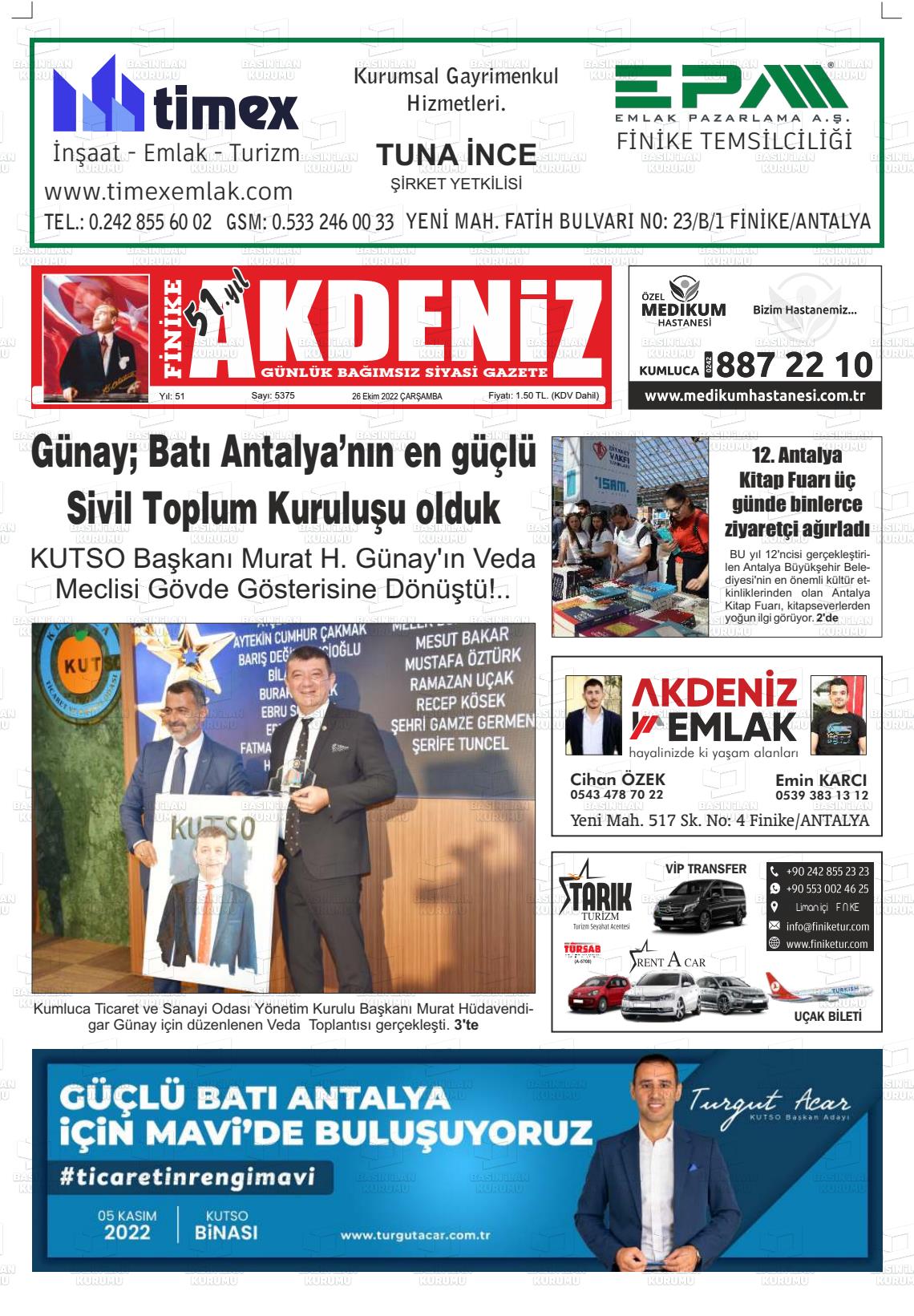 26 Ekim 2022 Finike Akdeniz Gazete Manşeti