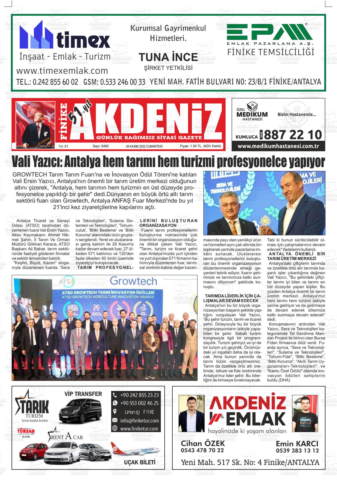 26 Kasım 2022 Finike Akdeniz Gazete Manşeti