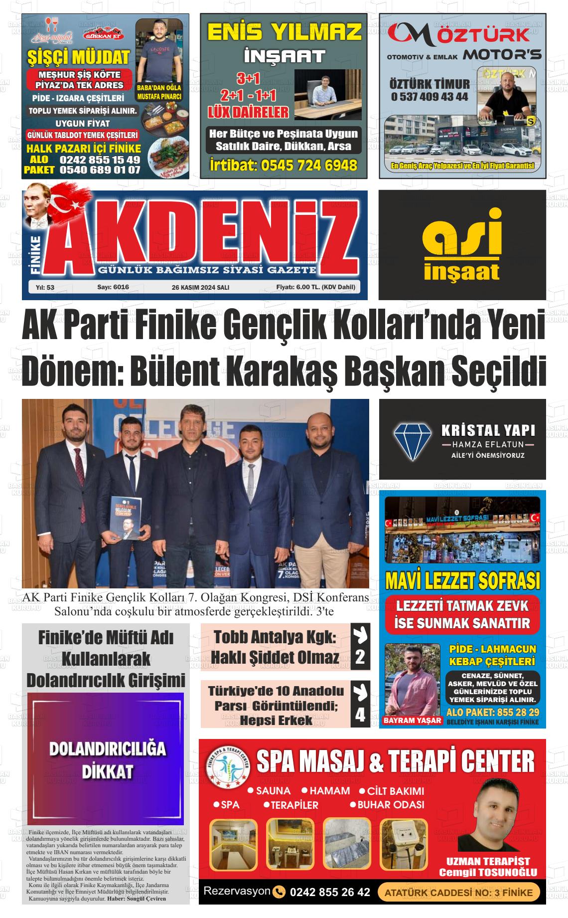 26 Kasım 2024 Finike Akdeniz Gazete Manşeti