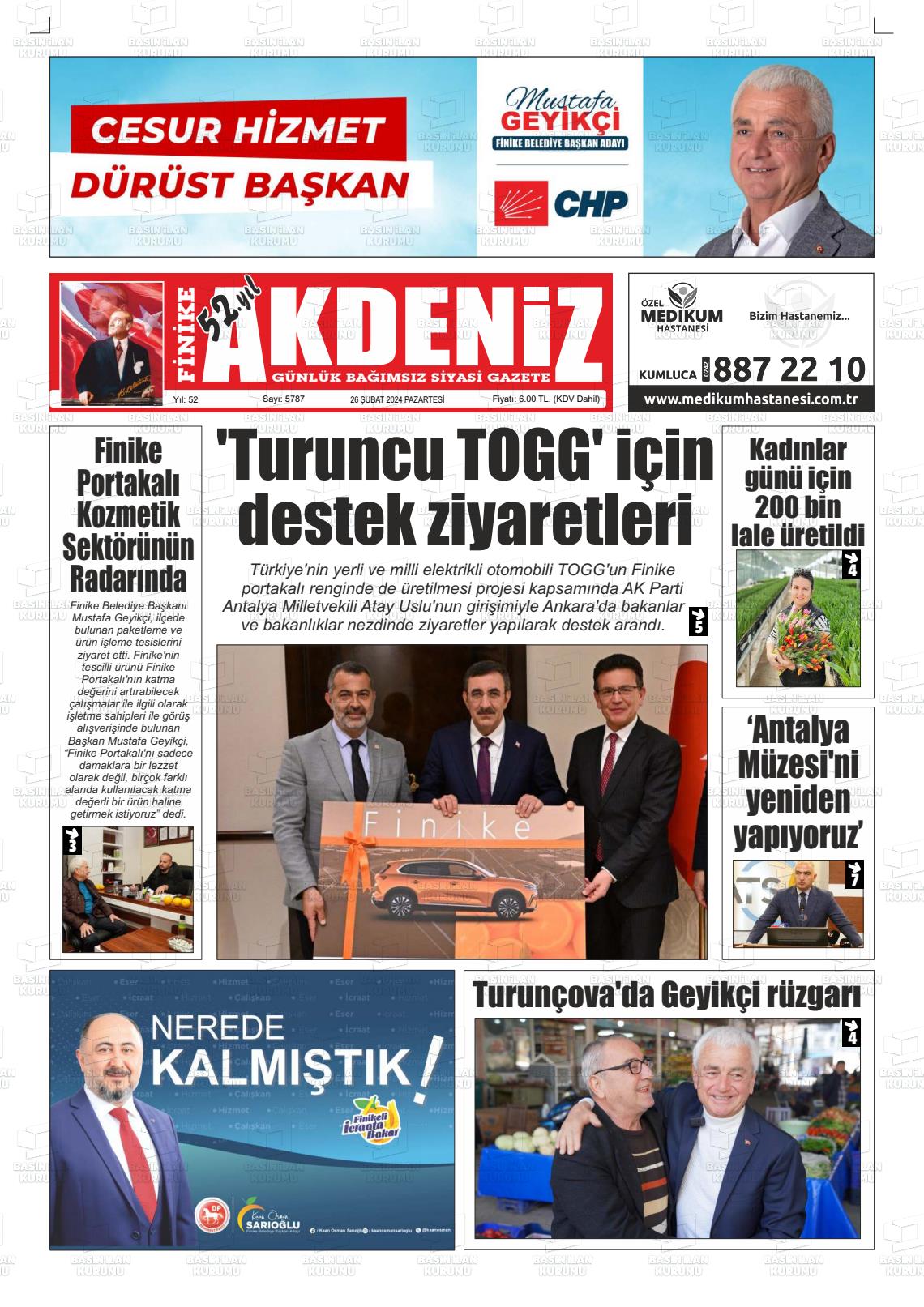 26 Şubat 2024 Finike Akdeniz Gazete Manşeti