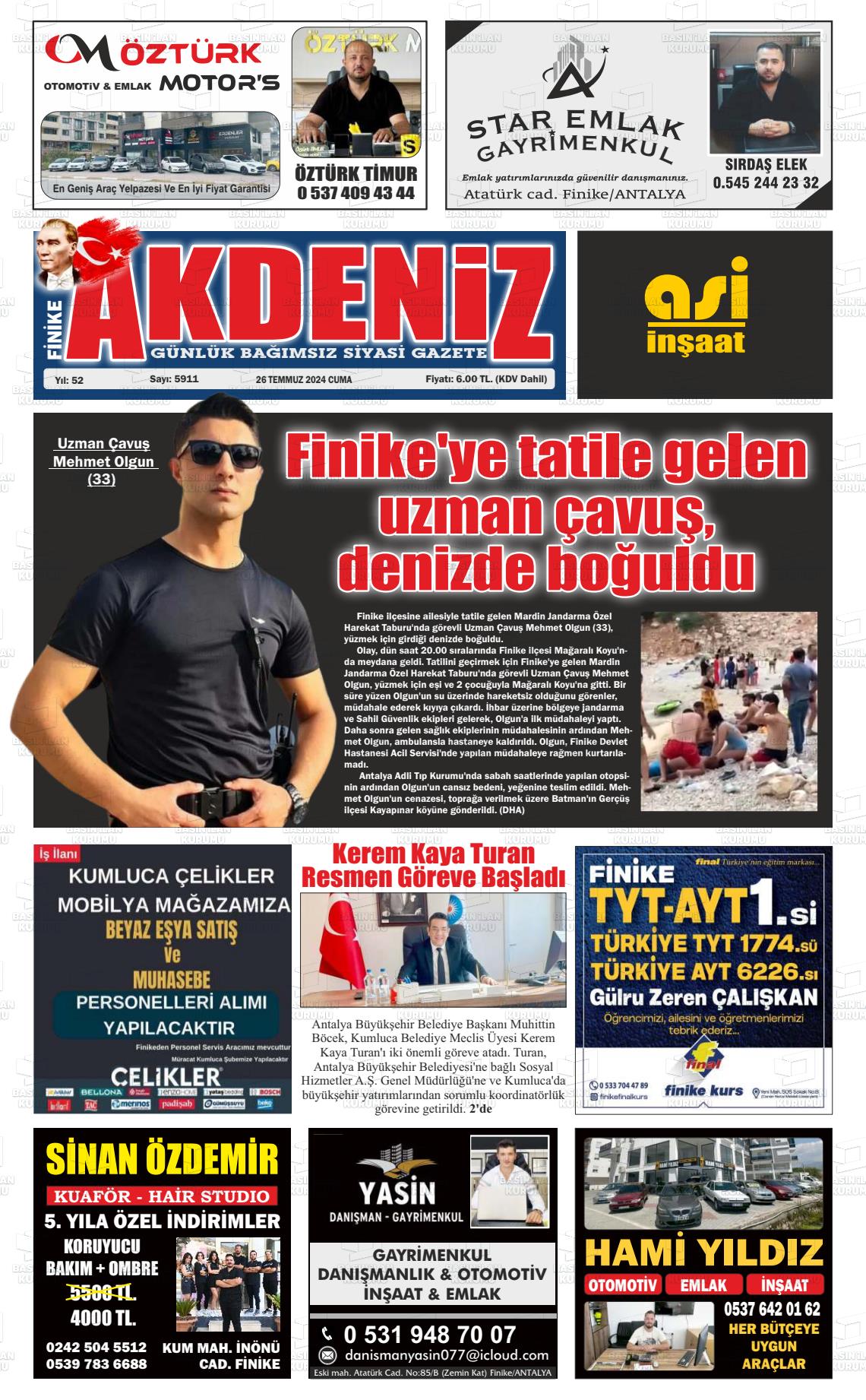 26 Temmuz 2024 Finike Akdeniz Gazete Manşeti